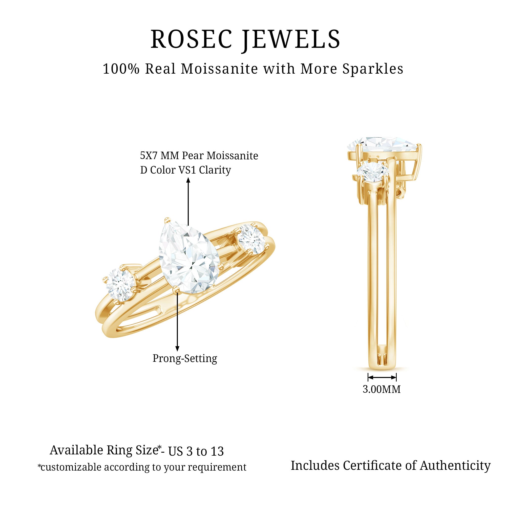Pear Cut Moissanite Engagement Ring with Double Band D-VS1 - Rosec Jewels