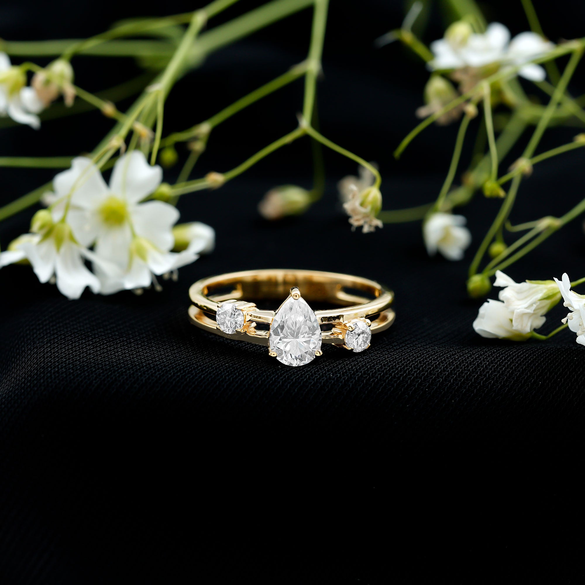 Pear Cut Moissanite Engagement Ring with Double Band D-VS1 - Rosec Jewels