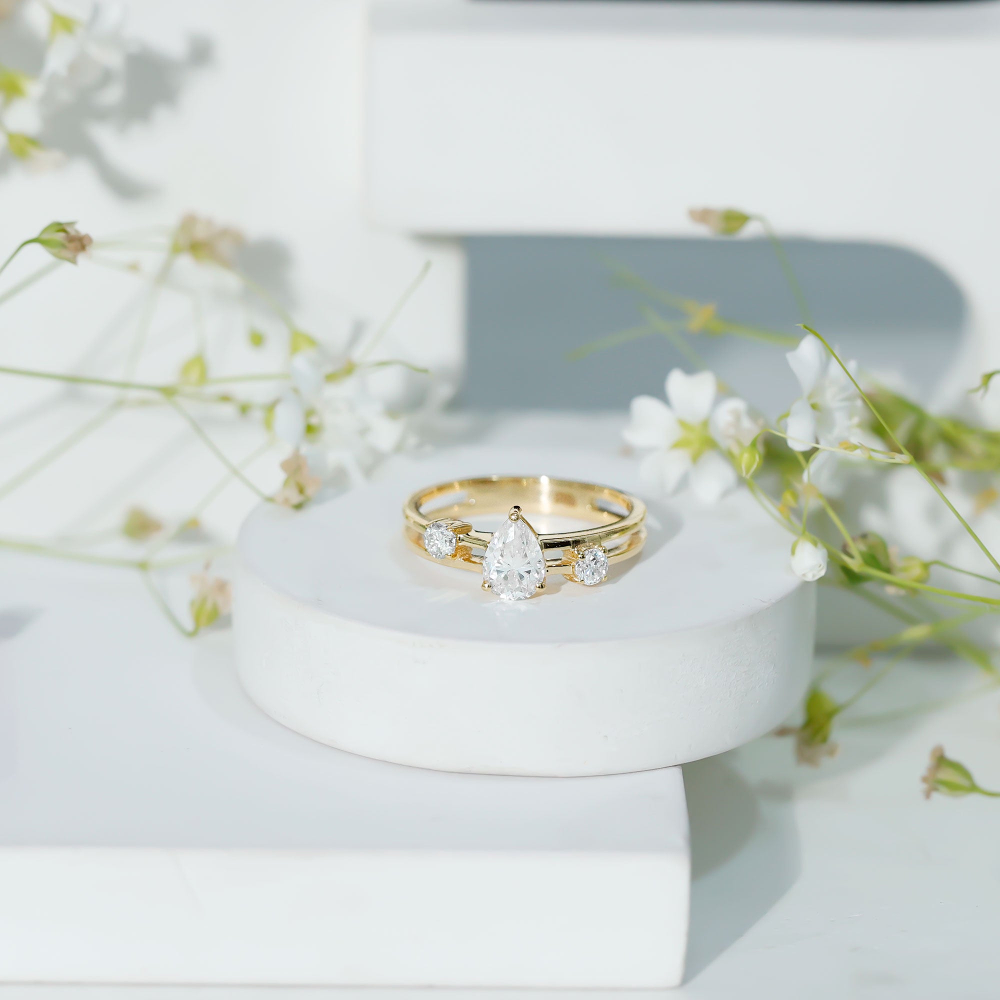 Pear Cut Moissanite Engagement Ring with Double Band D-VS1 - Rosec Jewels