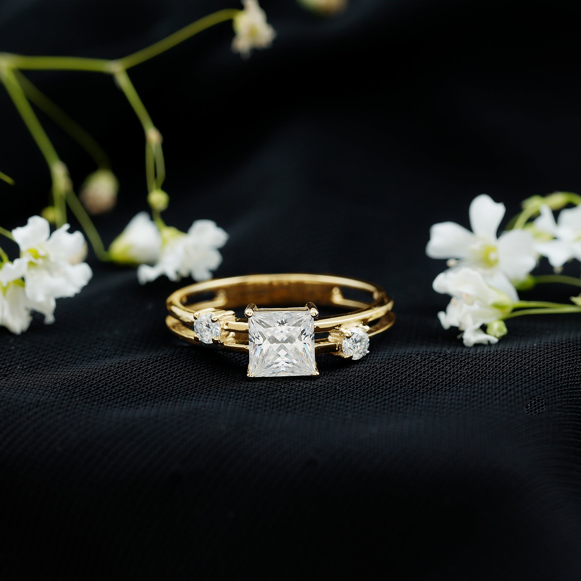 Princess Cut Moissanite Engagement Ring with Double Band D-VS1 - Rosec Jewels