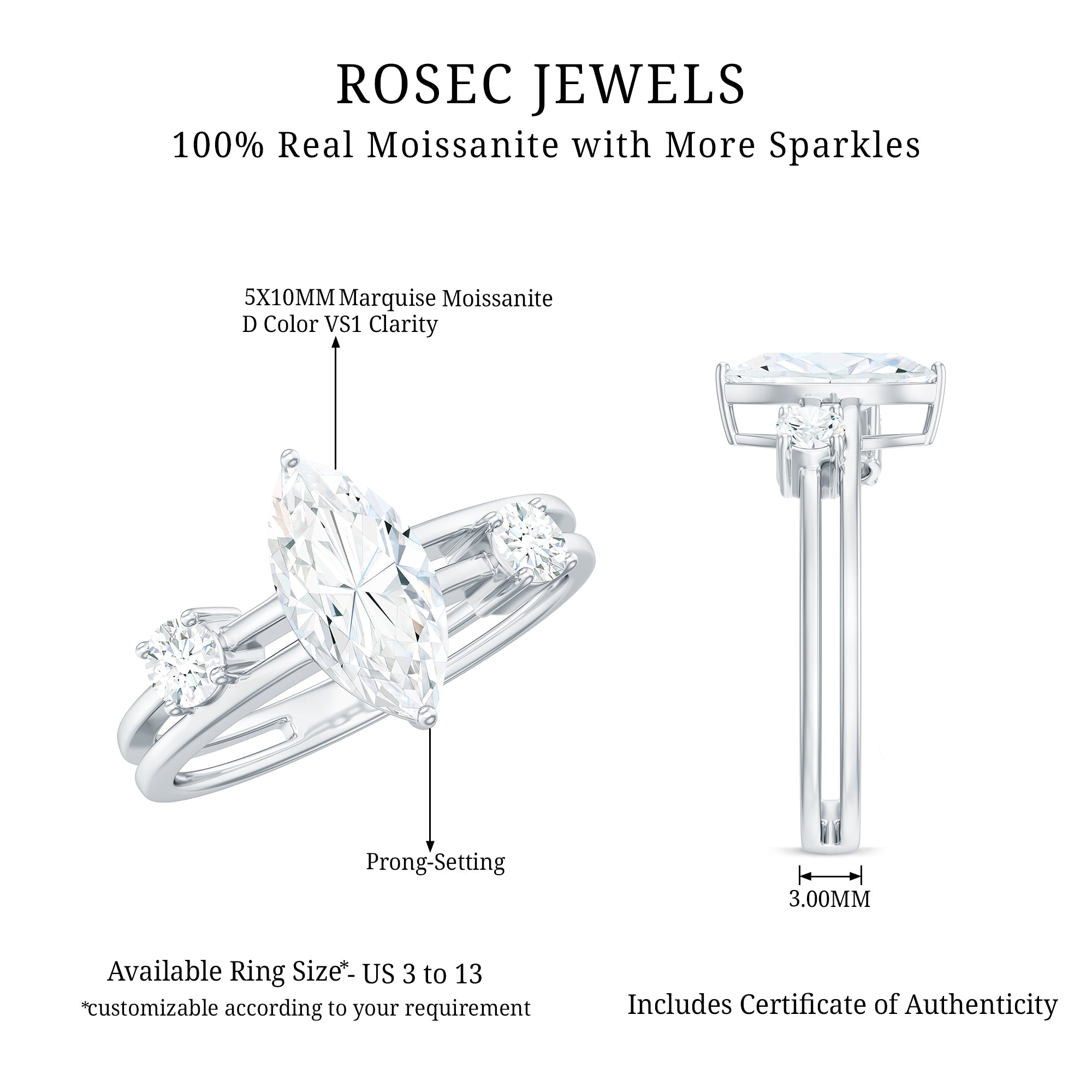 Certified Moissanite Marquise Engagement Ring D-VS1 - Rosec Jewels