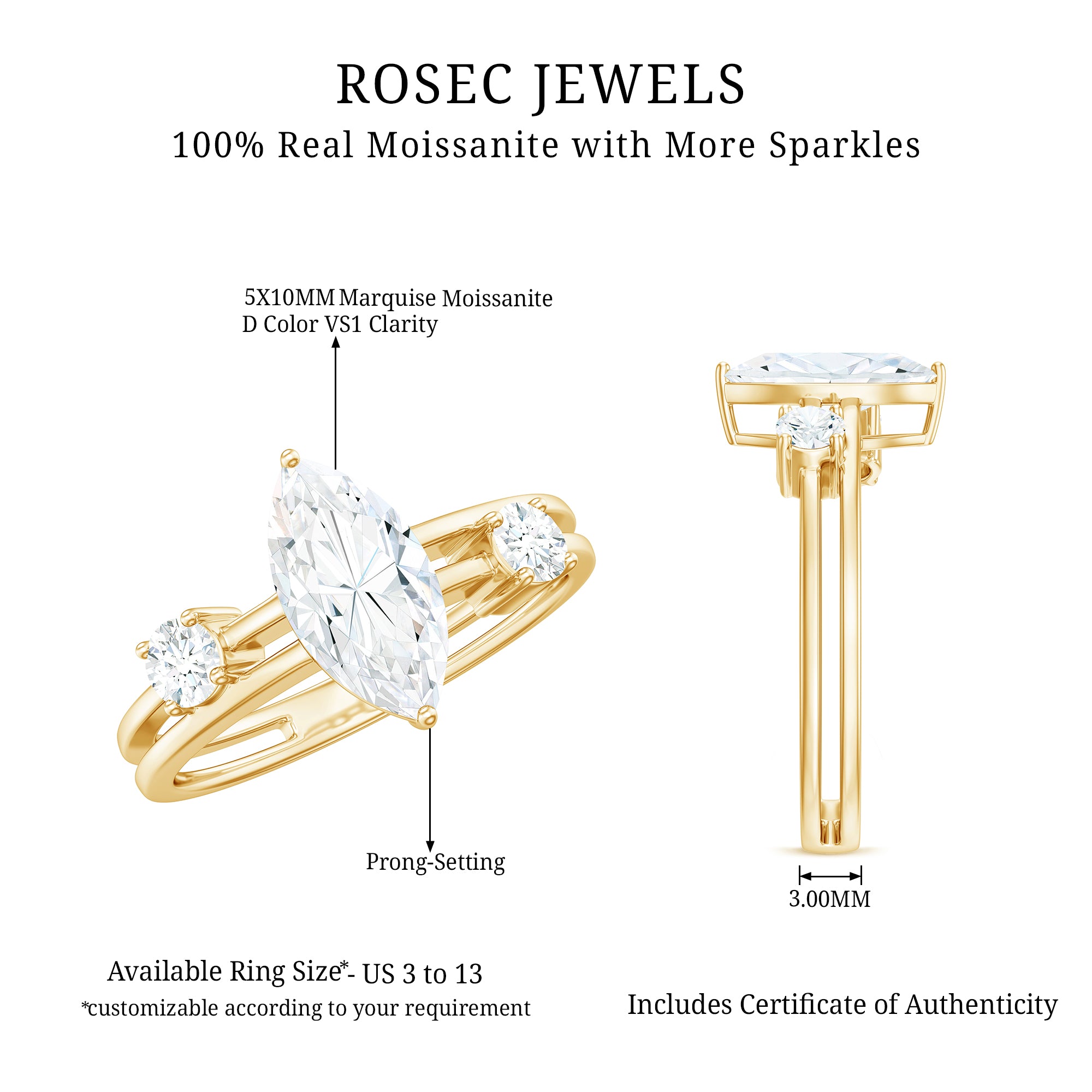 Certified Moissanite Marquise Engagement Ring D-VS1 - Rosec Jewels