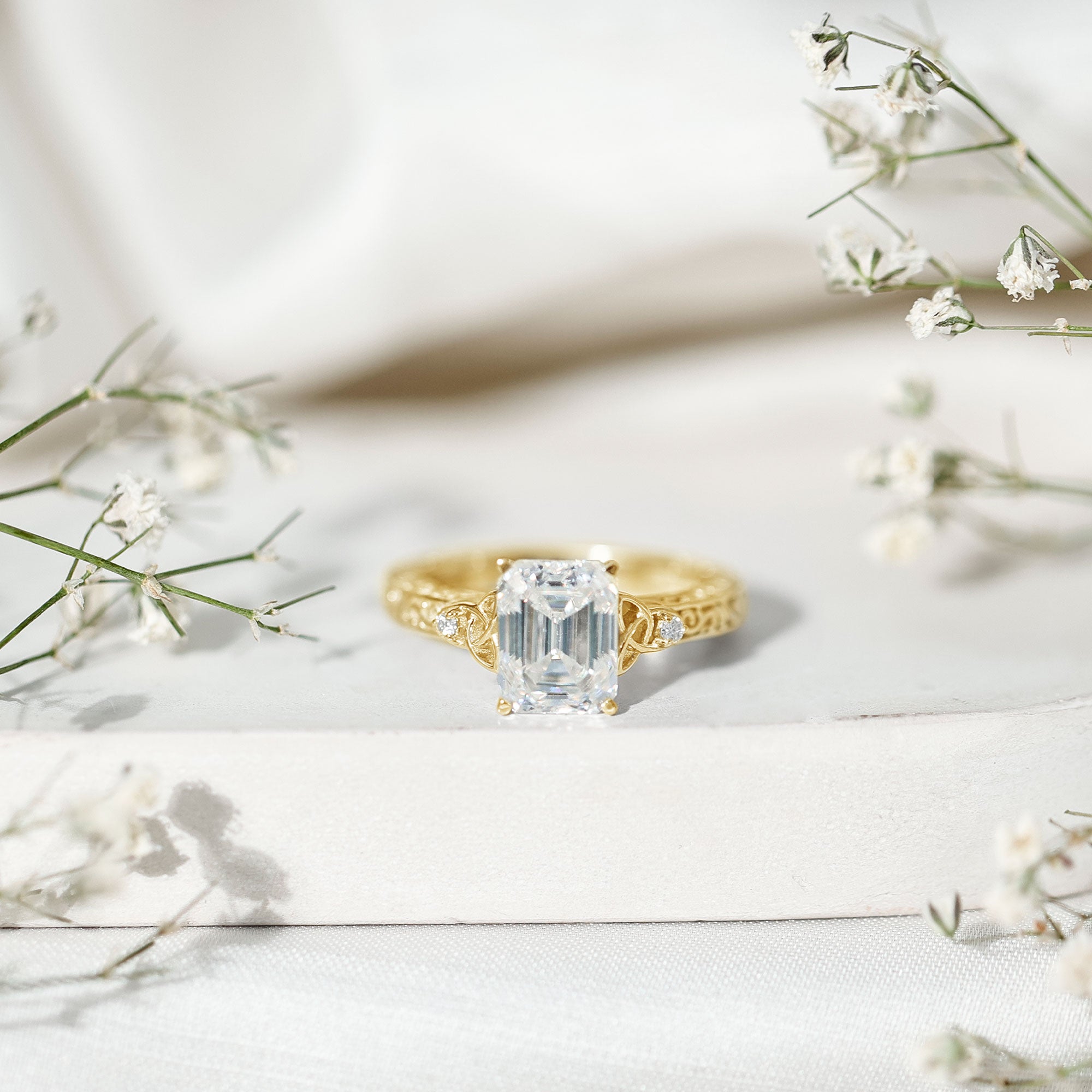 7X9 mm Emerald Cut Moissanite Solitaire Celtic Ring with Engraved Shank D-VS1 - Rosec Jewels