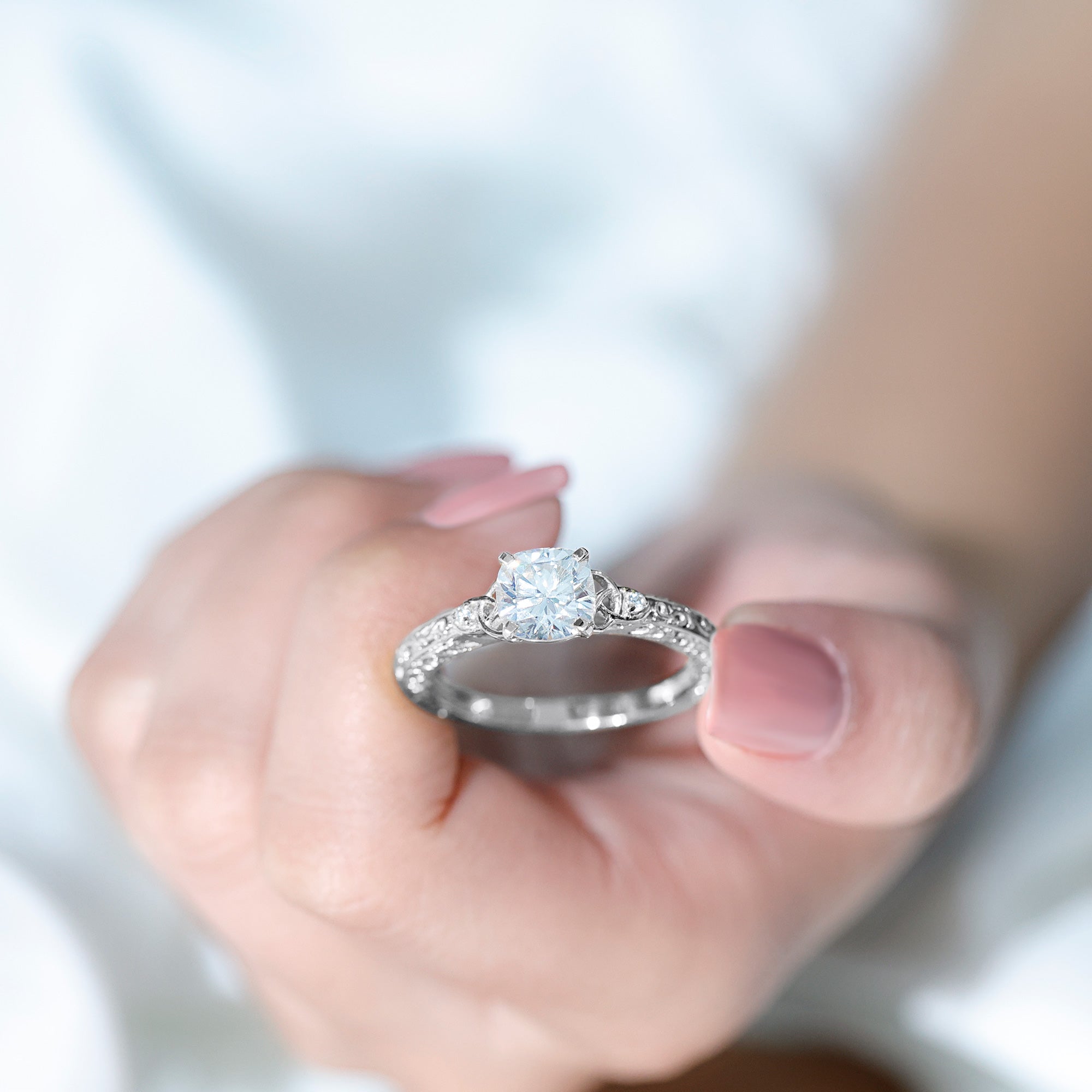 Cushion Cut Moissanite Antique Style Engagement Ring D-VS1 - Rosec Jewels