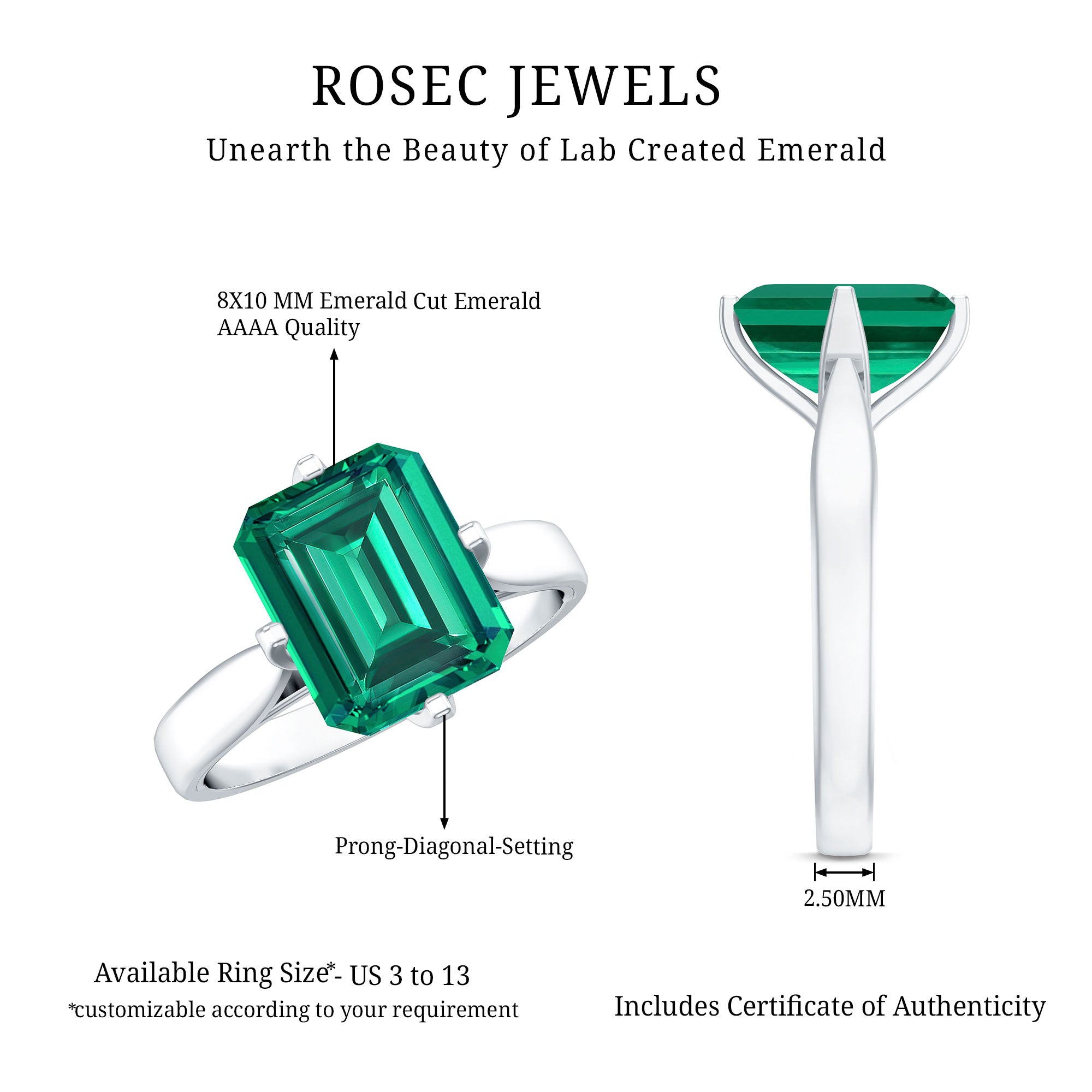 8X10 MM Octagon Lab Grown Emerald Solitaire Engagement Ring AAAA - Rosec Jewels
