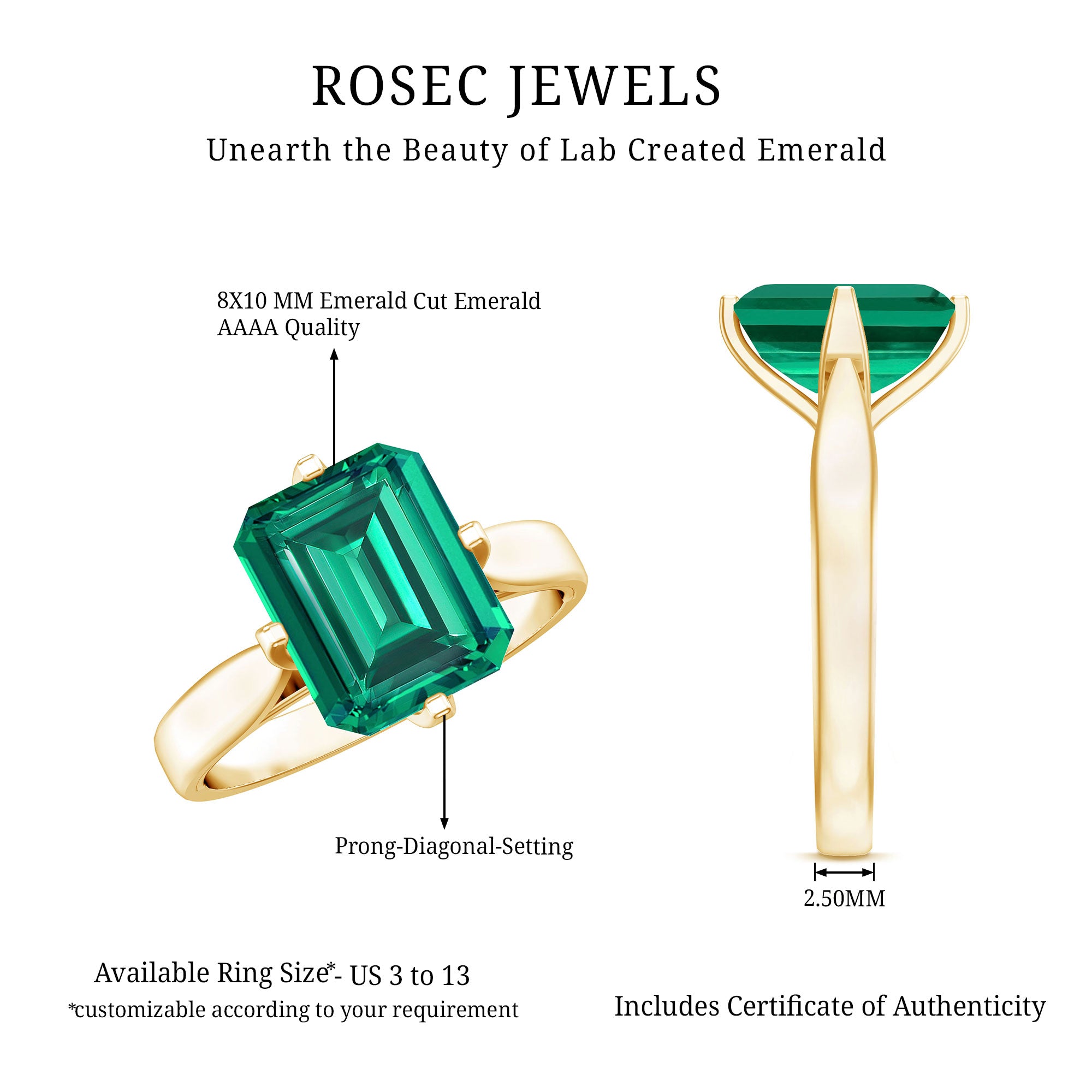 8X10 MM Octagon Lab Grown Emerald Solitaire Engagement Ring AAAA - Rosec Jewels
