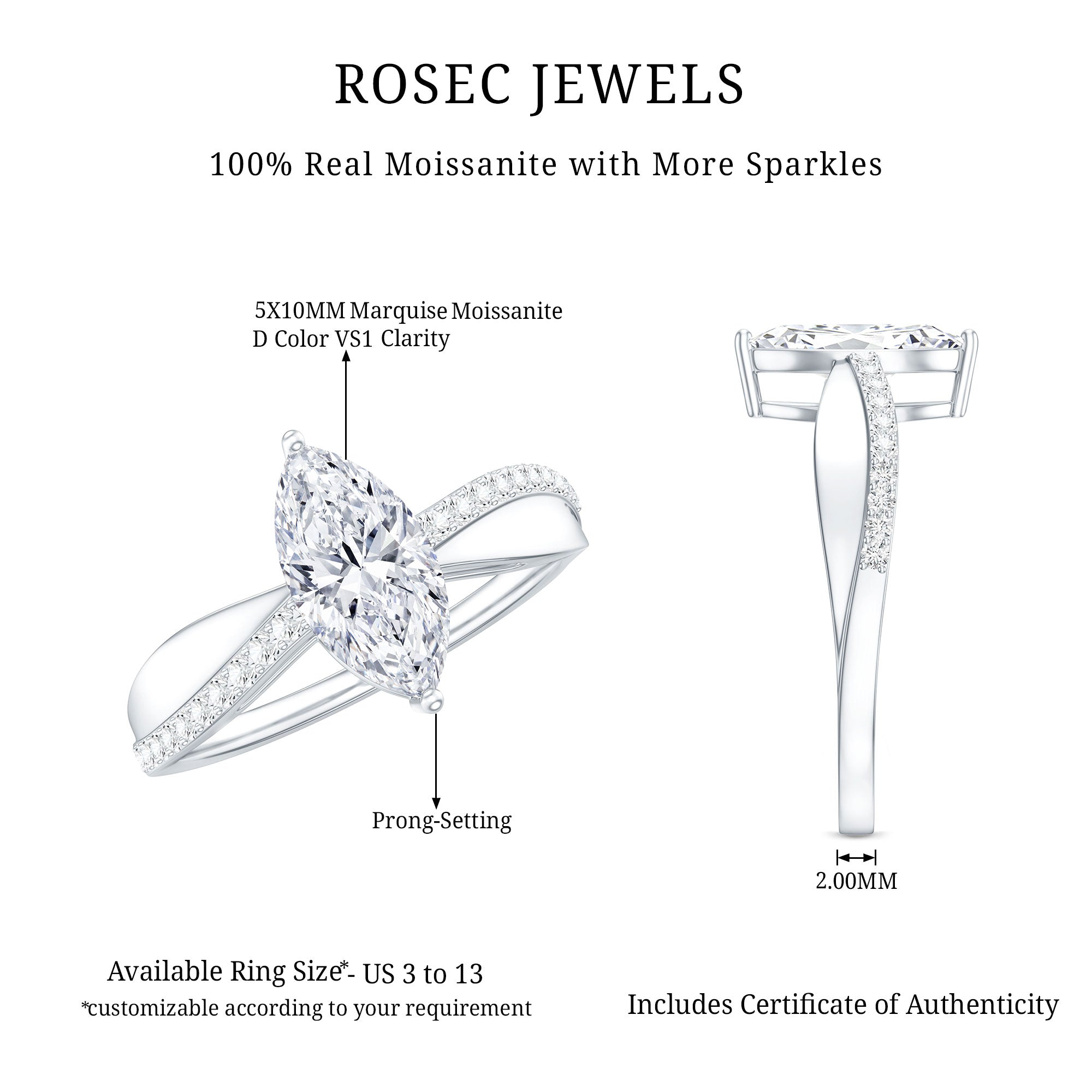 Classic Marquise Cut Moissanite Solitaire Engagement Ring D-VS1 - Rosec Jewels