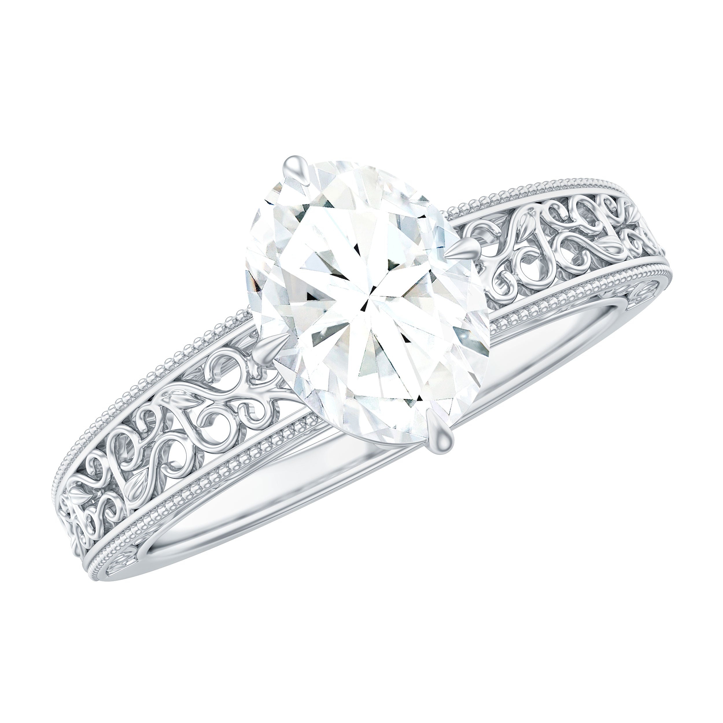 6X8mm Moissanite Oblong Engagement Ring with Filigree Shank D-VS1 - Rosec Jewels