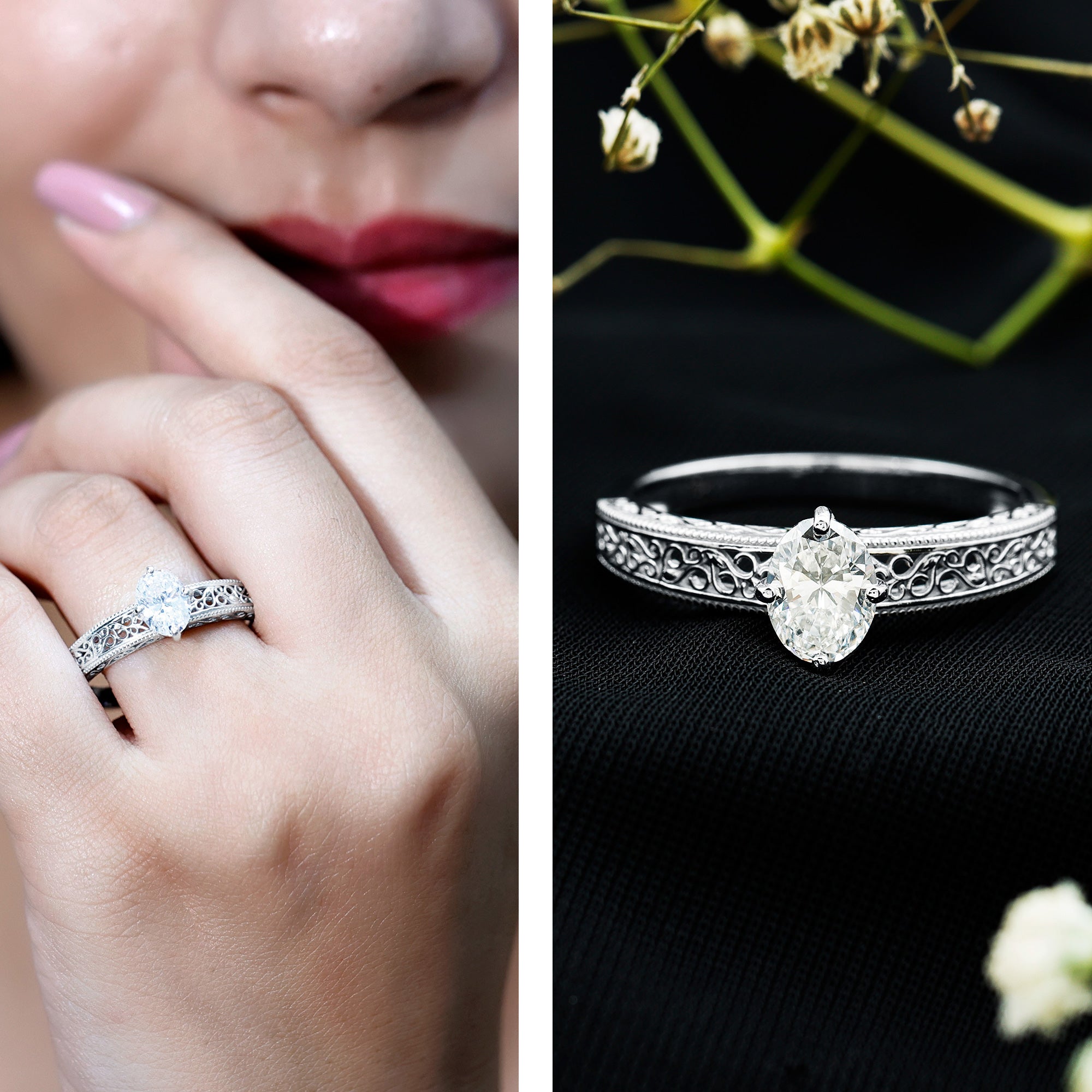 6X8mm Moissanite Oblong Engagement Ring with Filigree Shank D-VS1 - Rosec Jewels
