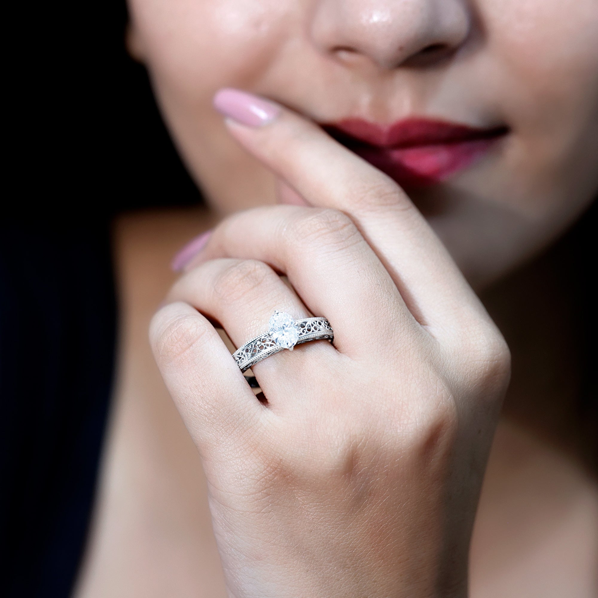 6X8mm Moissanite Oblong Engagement Ring with Filigree Shank D-VS1 - Rosec Jewels