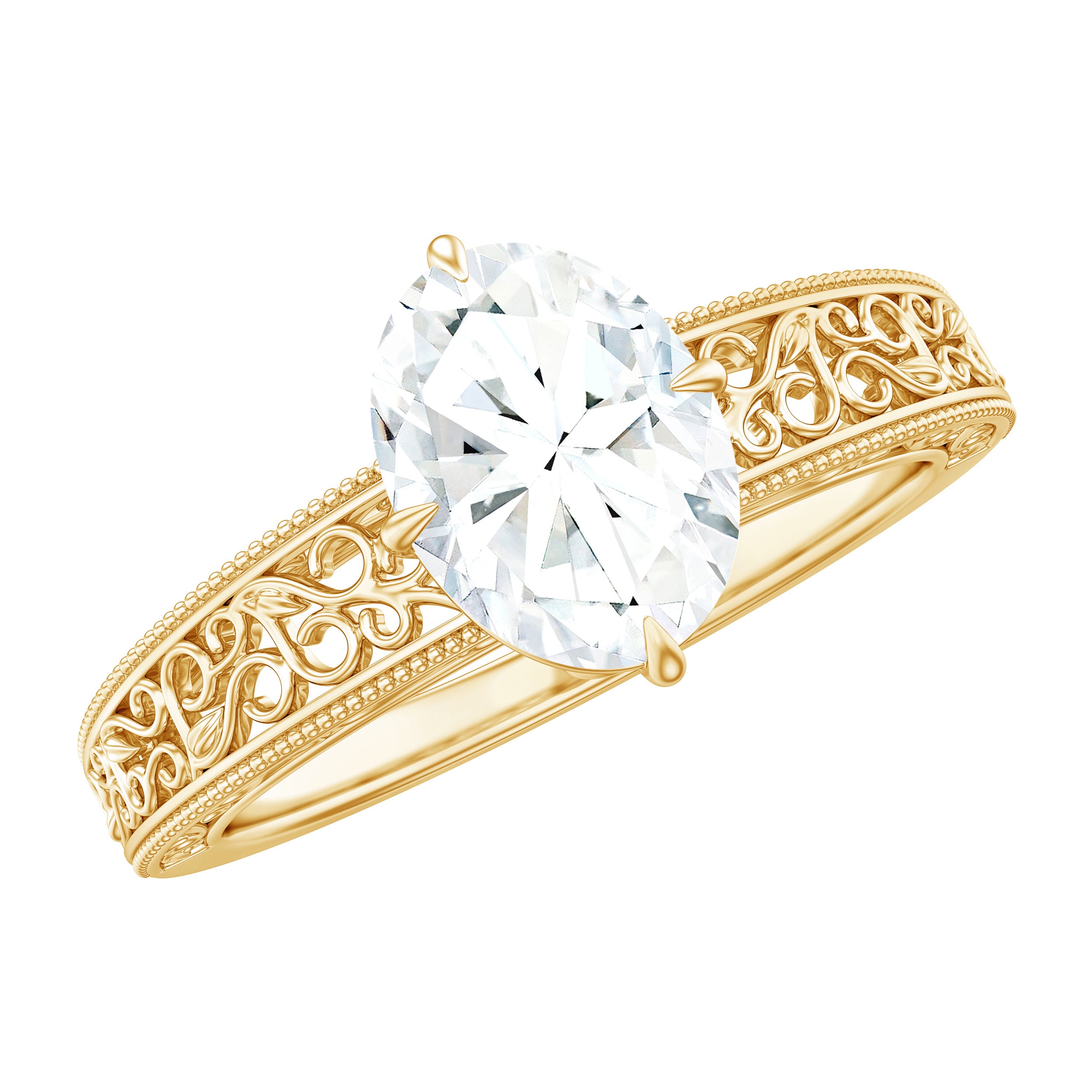 6X8mm Moissanite Oblong Engagement Ring with Filigree Shank D-VS1 - Rosec Jewels