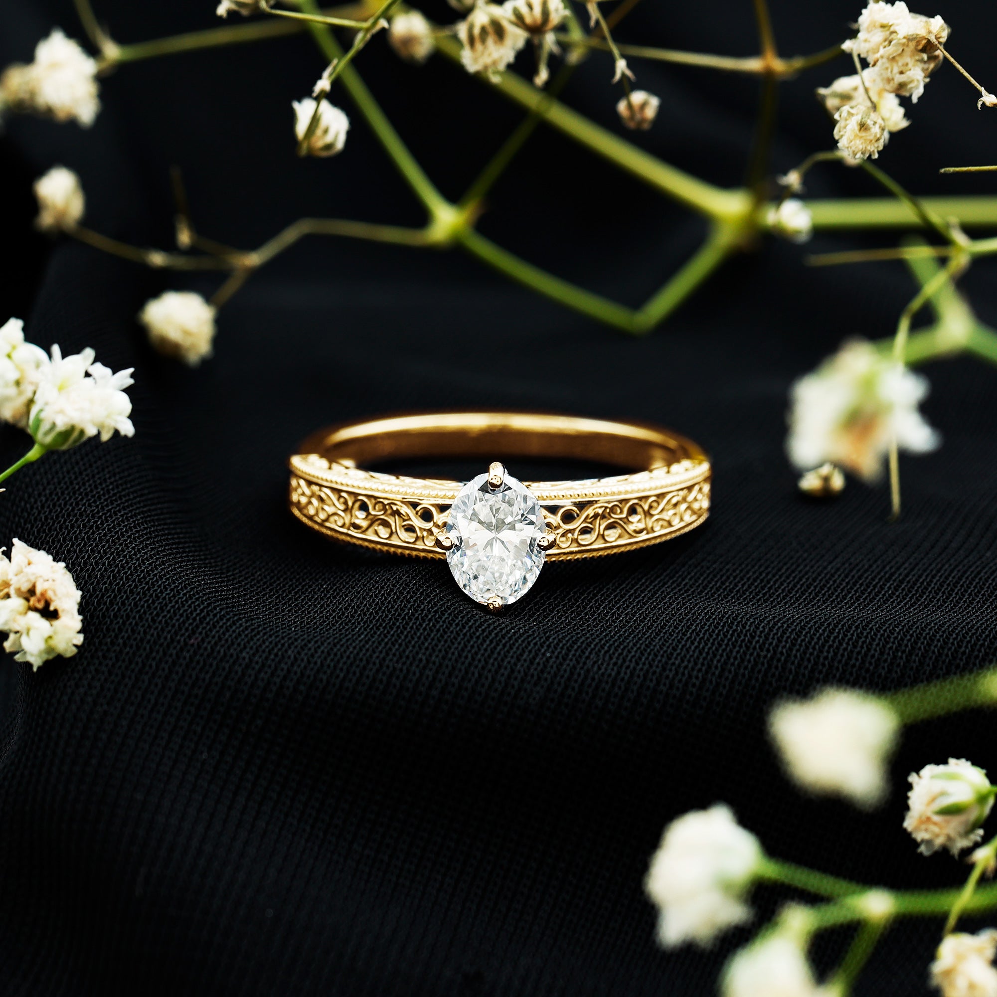 6X8mm Moissanite Oblong Engagement Ring with Filigree Shank D-VS1 - Rosec Jewels