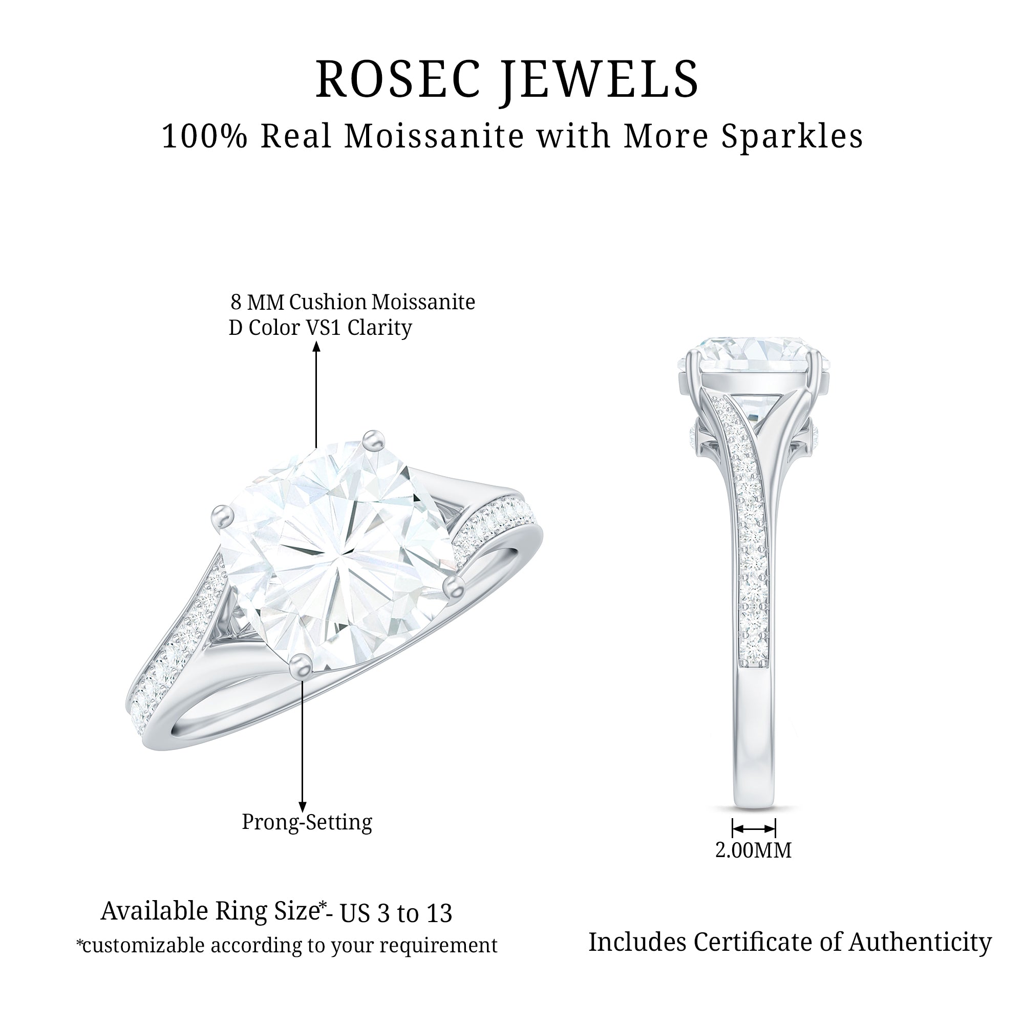 Huge Cushion Cut Moissanite Engagement Ring with Split Shank D-VS1 - Rosec Jewels
