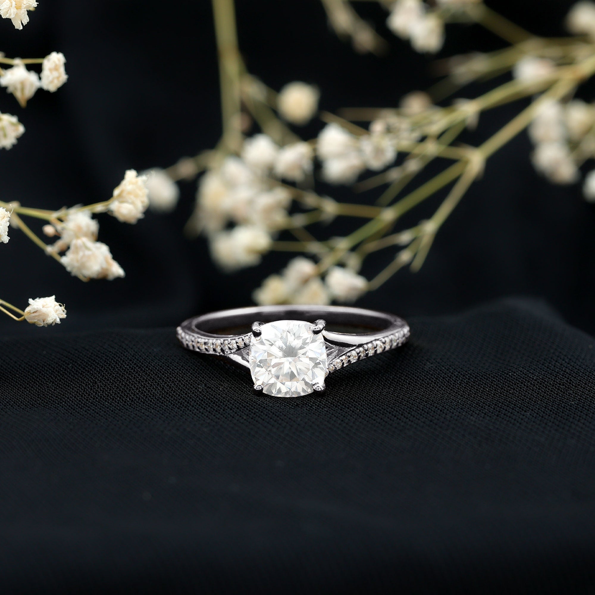 Huge Cushion Cut Moissanite Engagement Ring with Split Shank D-VS1 - Rosec Jewels