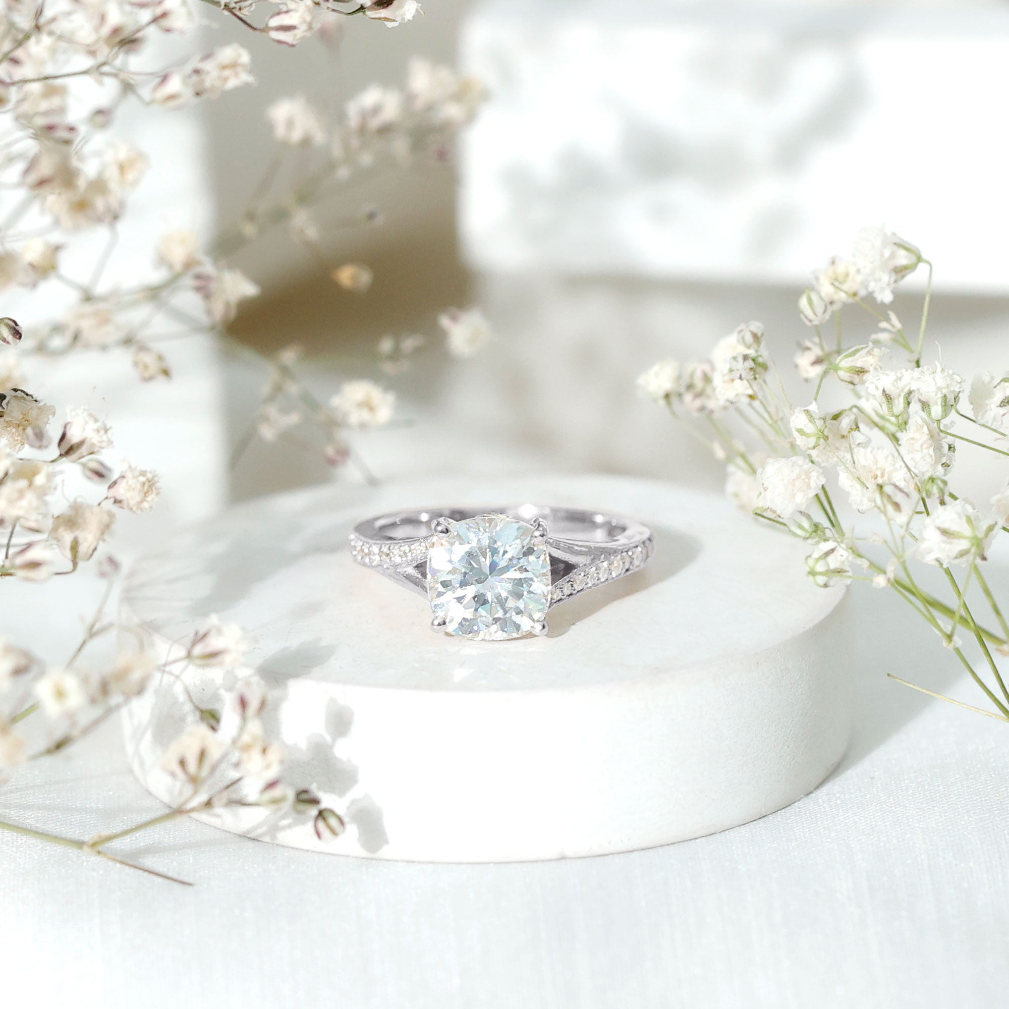 Huge Cushion Cut Moissanite Engagement Ring with Split Shank D-VS1 - Rosec Jewels