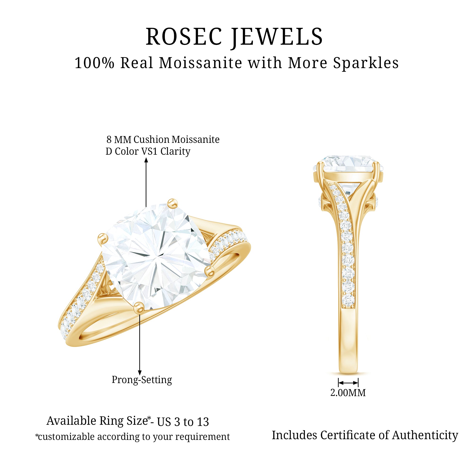 Huge Cushion Cut Moissanite Engagement Ring with Split Shank D-VS1 - Rosec Jewels