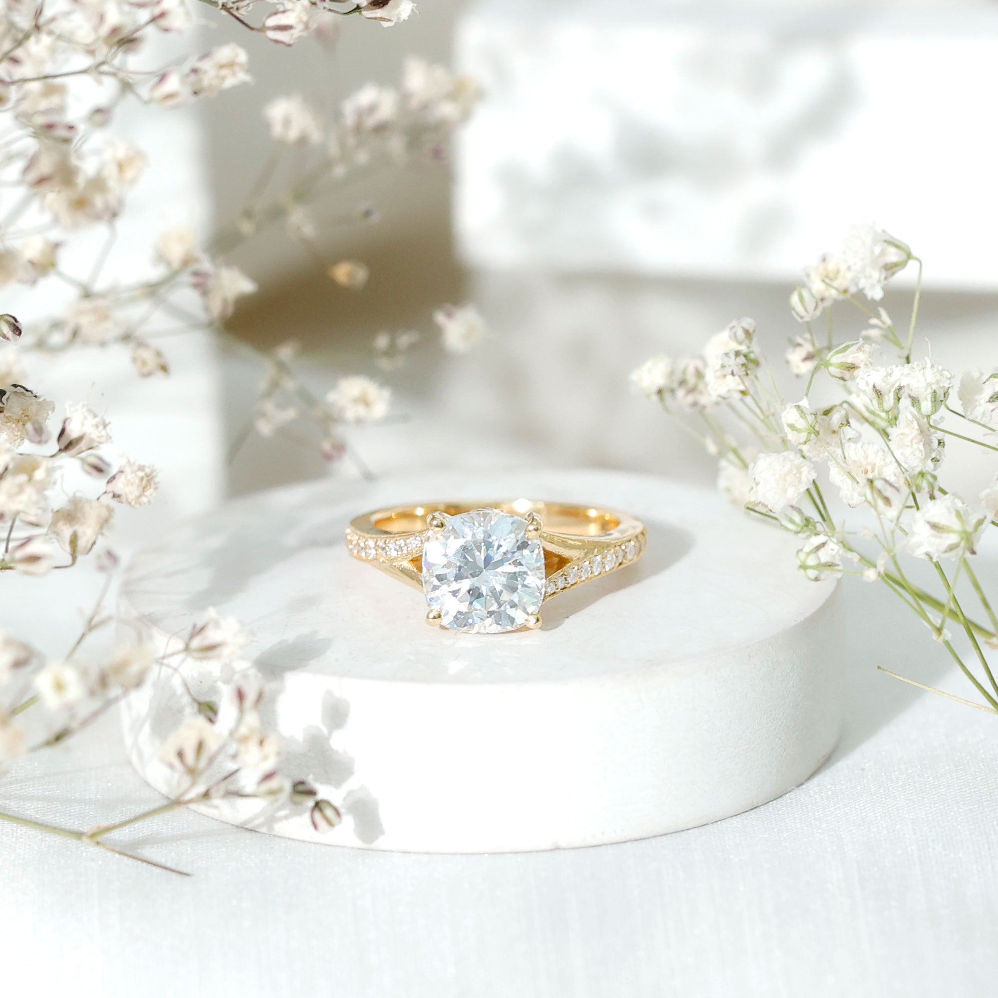 Huge Cushion Cut Moissanite Engagement Ring with Split Shank D-VS1 - Rosec Jewels