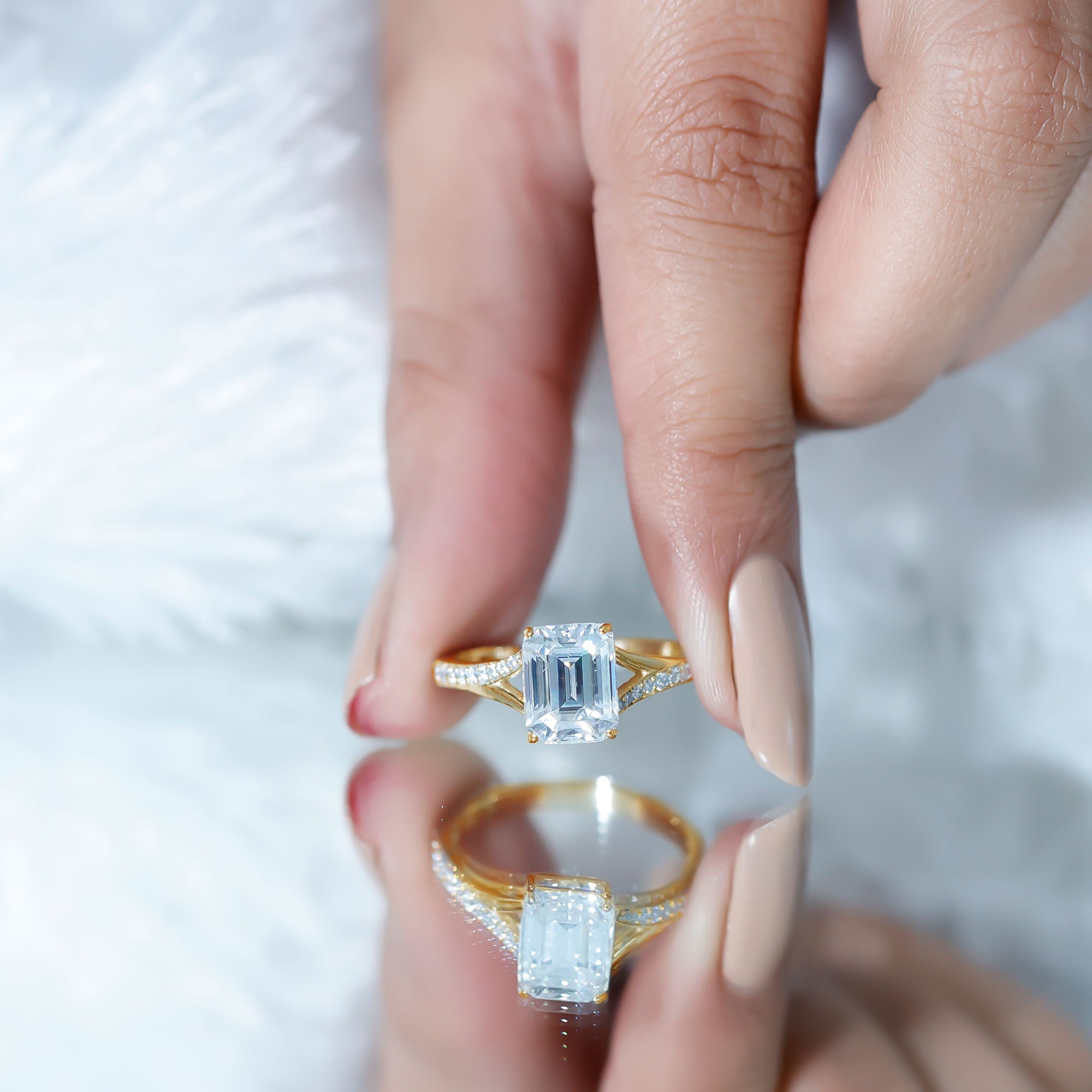 Emerald Cut Moissanite Solitaire Engagement Ring with Split Shank D-VS1 - Rosec Jewels