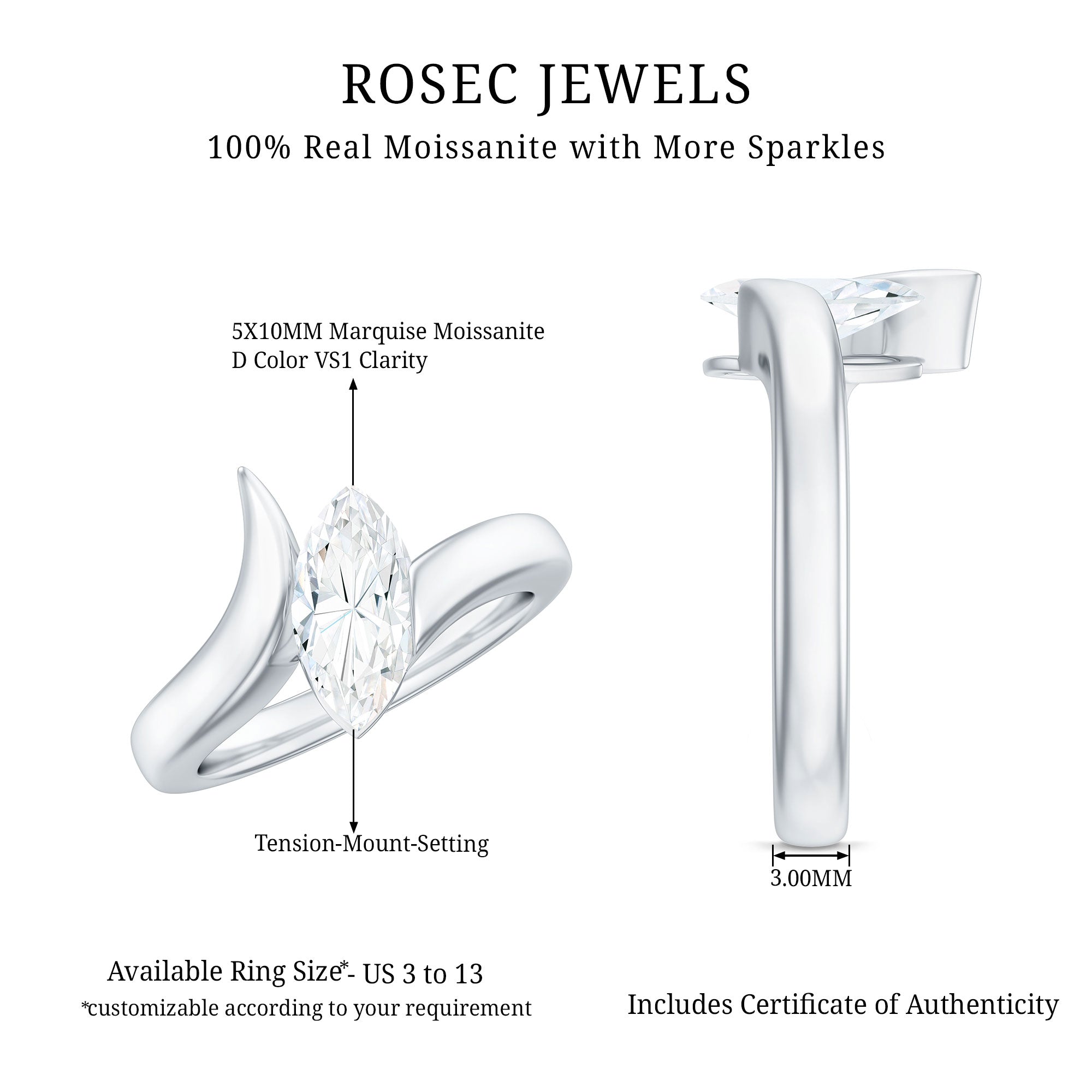 Moissanite Marquise Cut Engagement Ring In Tension Setting D-VS1 - Rosec Jewels
