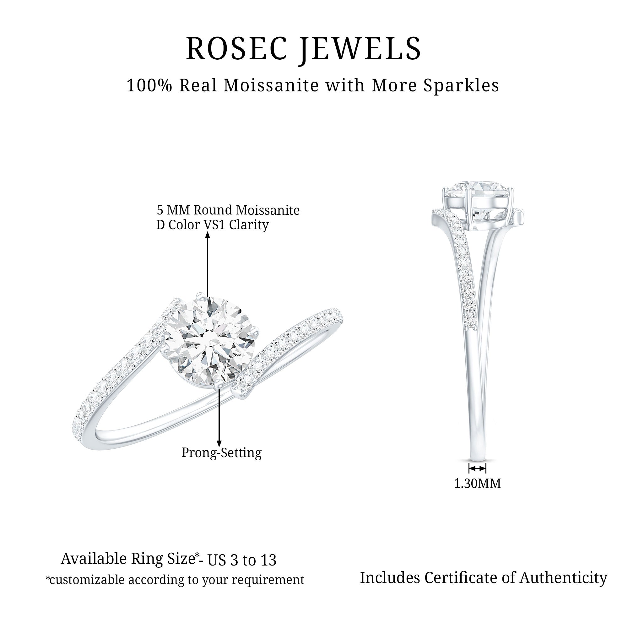 Certified Brilliant Cut Moissanite Solitaire Promise Ring with Bypass Shank D-VS1 - Rosec Jewels
