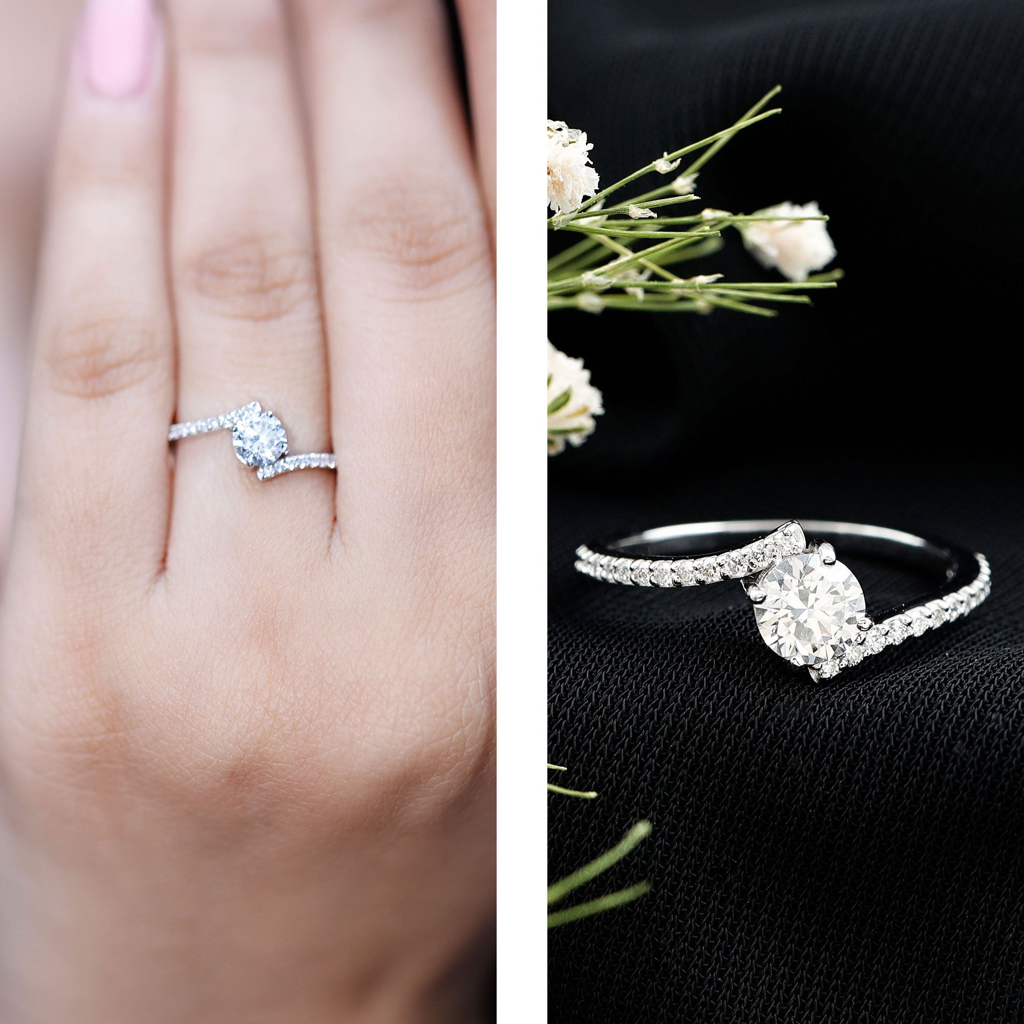 Certified Brilliant Cut Moissanite Solitaire Promise Ring with Bypass Shank D-VS1 - Rosec Jewels
