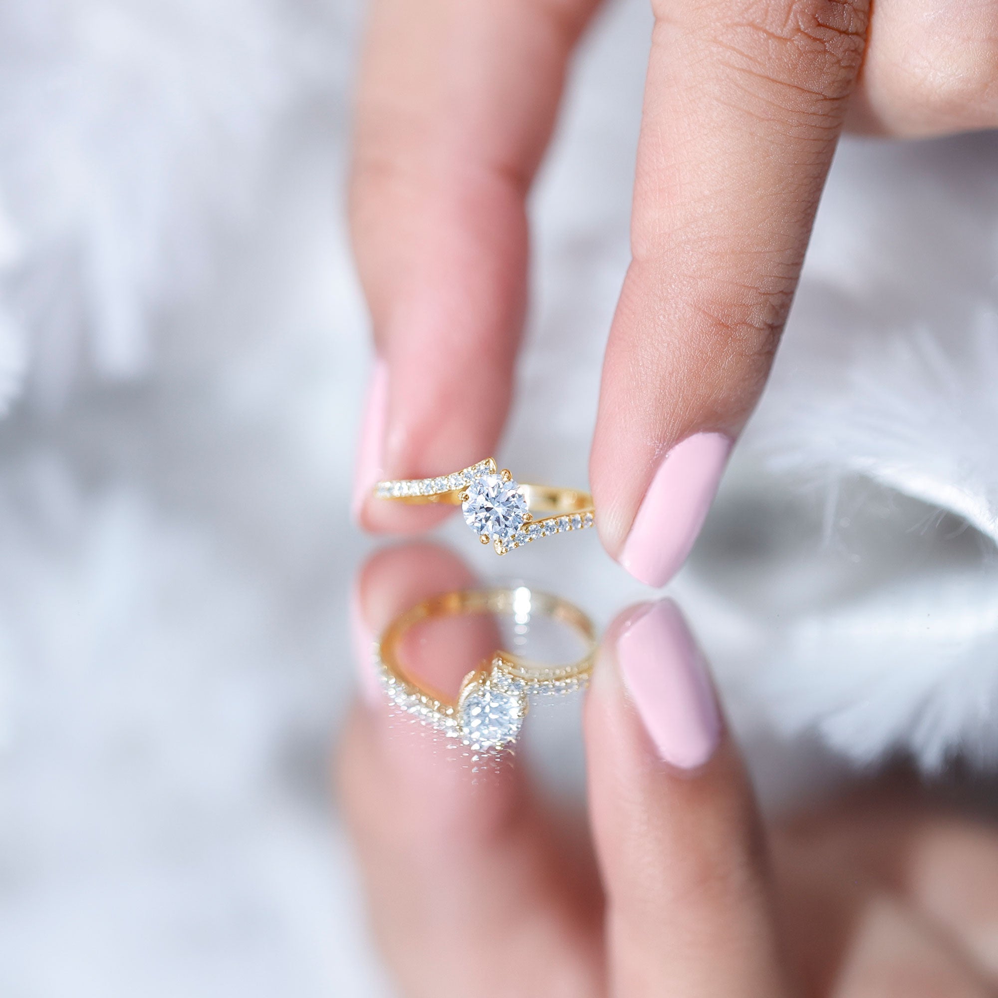 Certified Brilliant Cut Moissanite Solitaire Promise Ring with Bypass Shank D-VS1 - Rosec Jewels