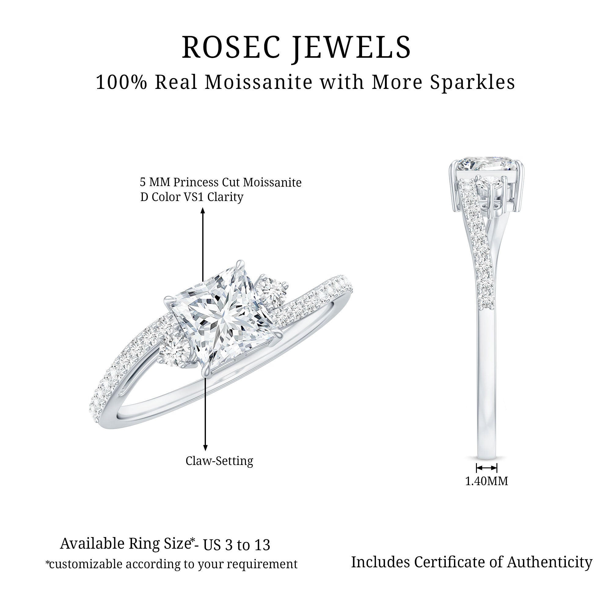Princess Cut Moissanite Bypass Engagement Ring D-VS1 - Rosec Jewels
