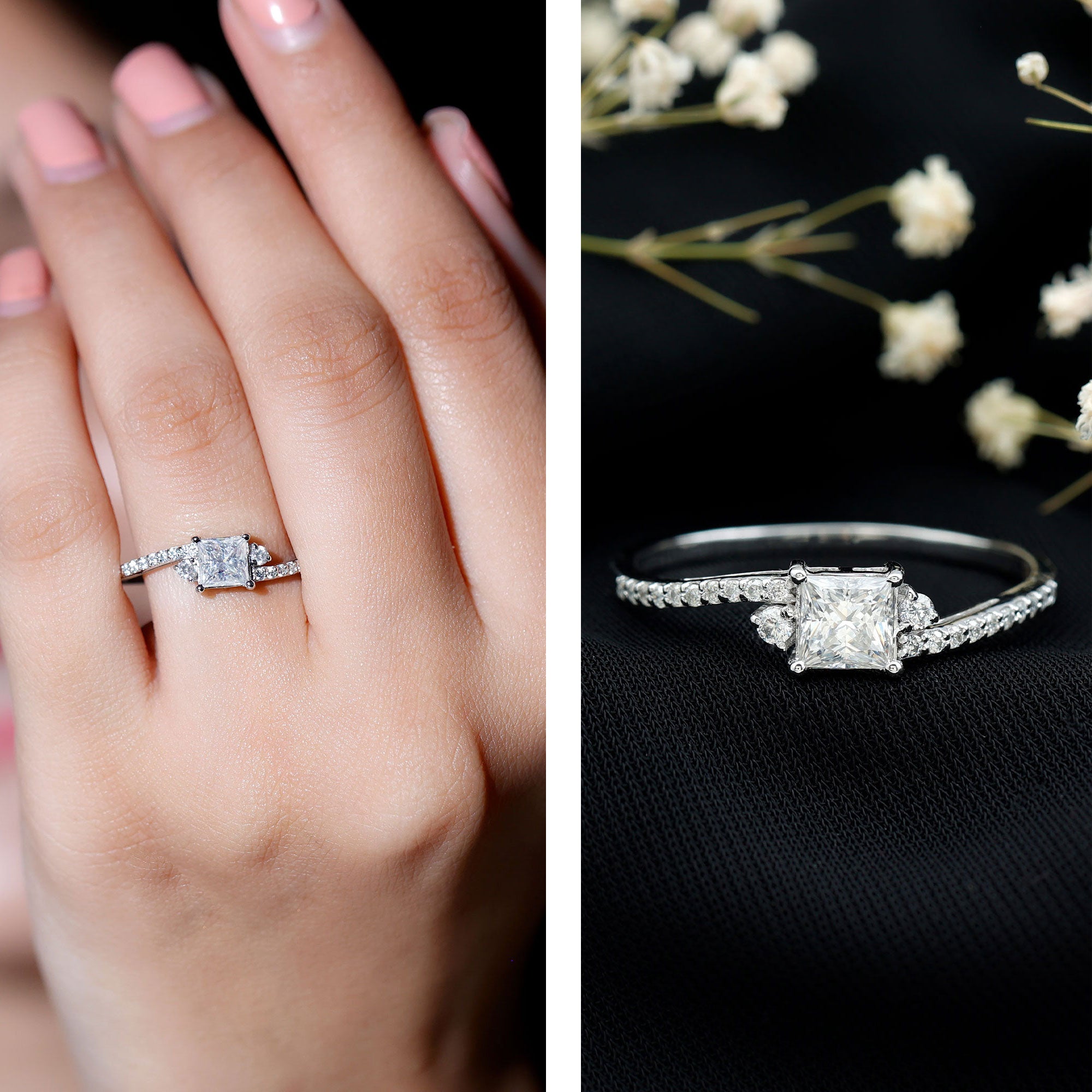Princess Cut Moissanite Bypass Engagement Ring D-VS1 - Rosec Jewels