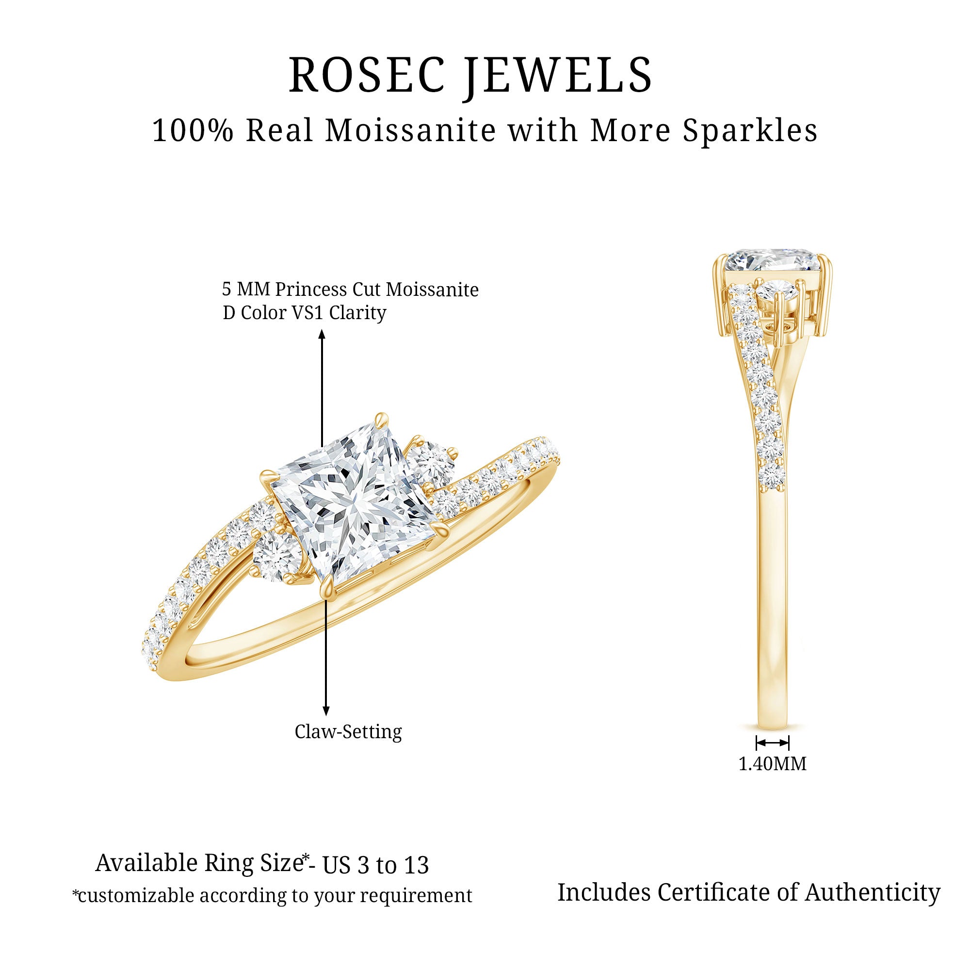 Princess Cut Moissanite Bypass Engagement Ring D-VS1 - Rosec Jewels