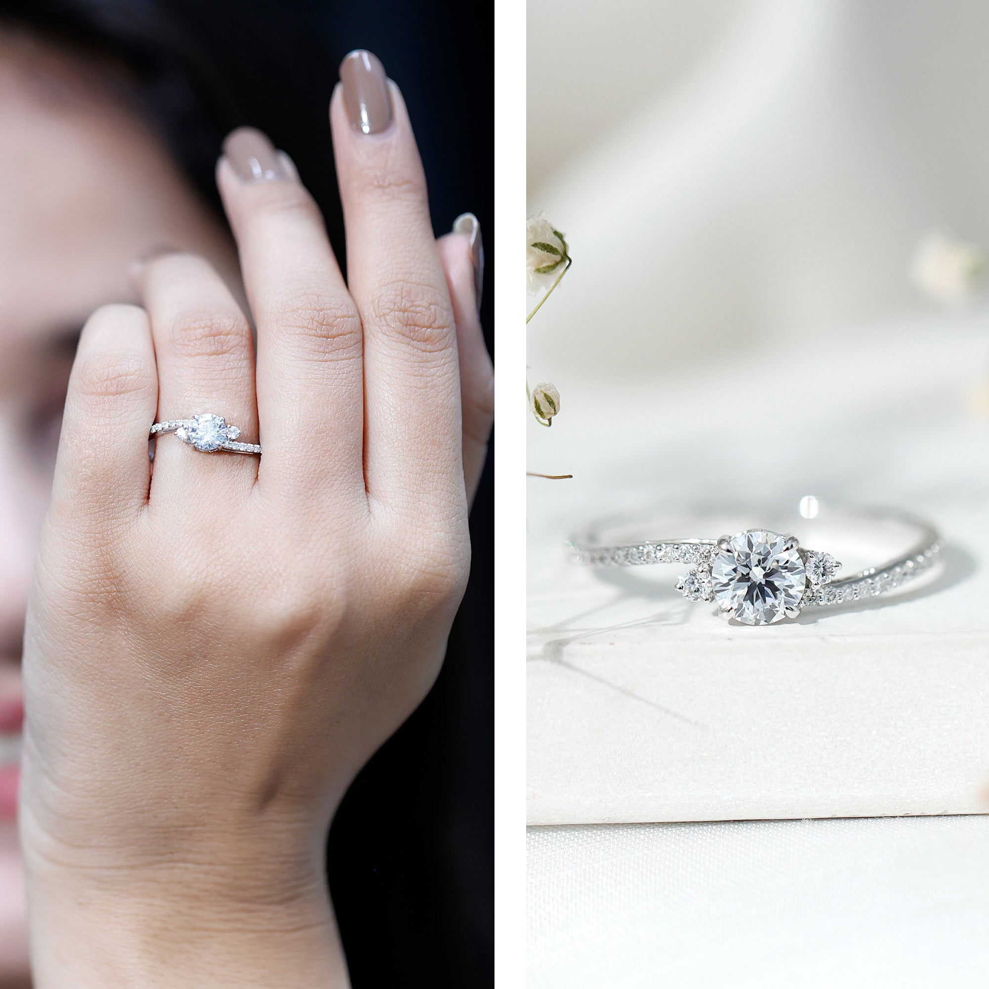 Round Shape Moissanite Bypass Engagement Ring with Side Stones D-VS1 - Rosec Jewels