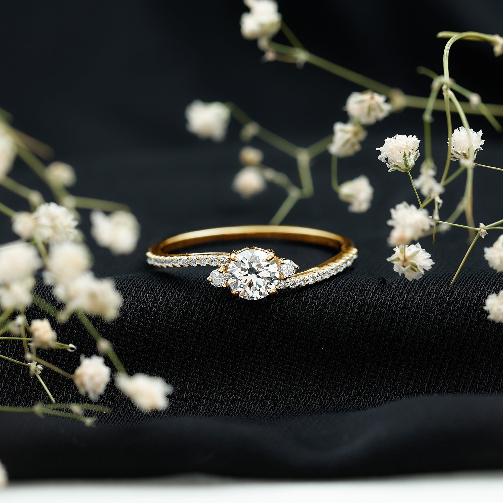 Round Shape Moissanite Bypass Engagement Ring with Side Stones D-VS1 - Rosec Jewels