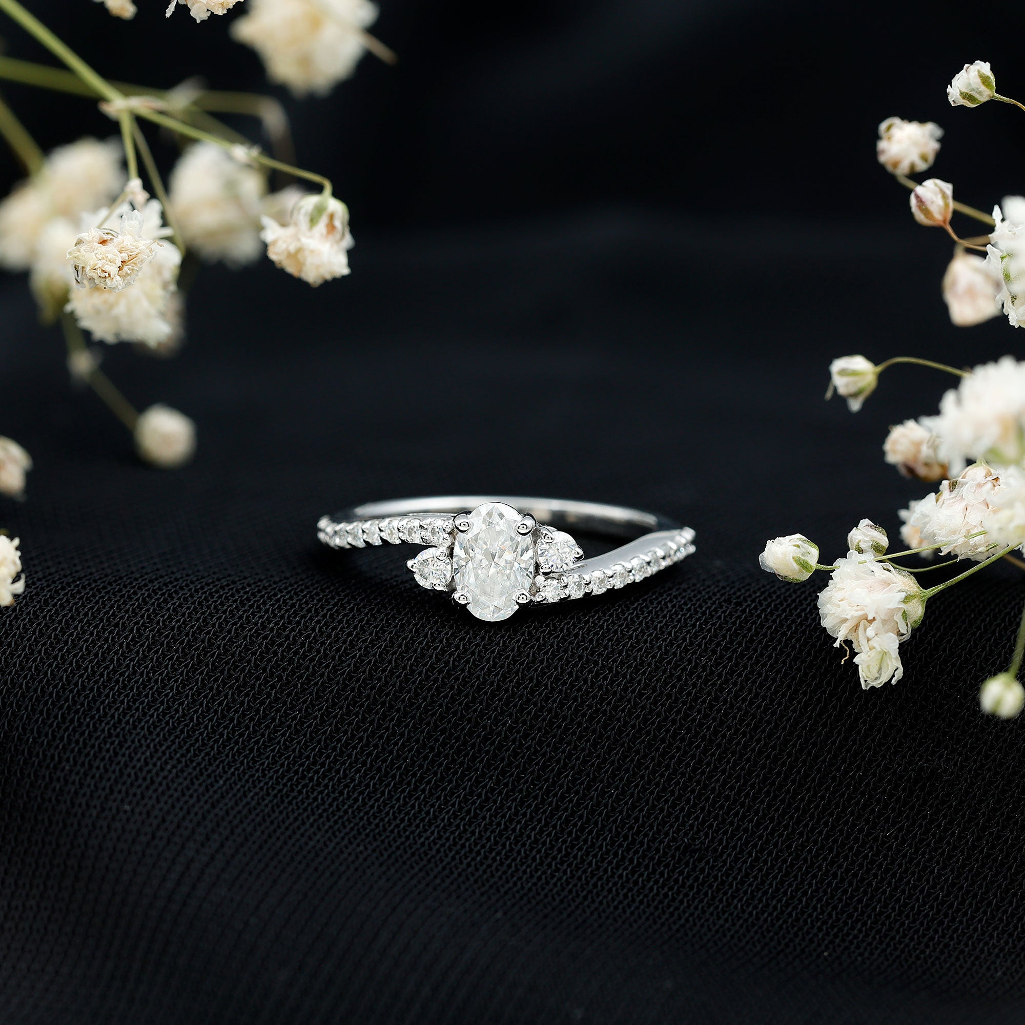 Oval Moissanite Bypass Engagement Ring with Side Stones D-VS1 - Rosec Jewels