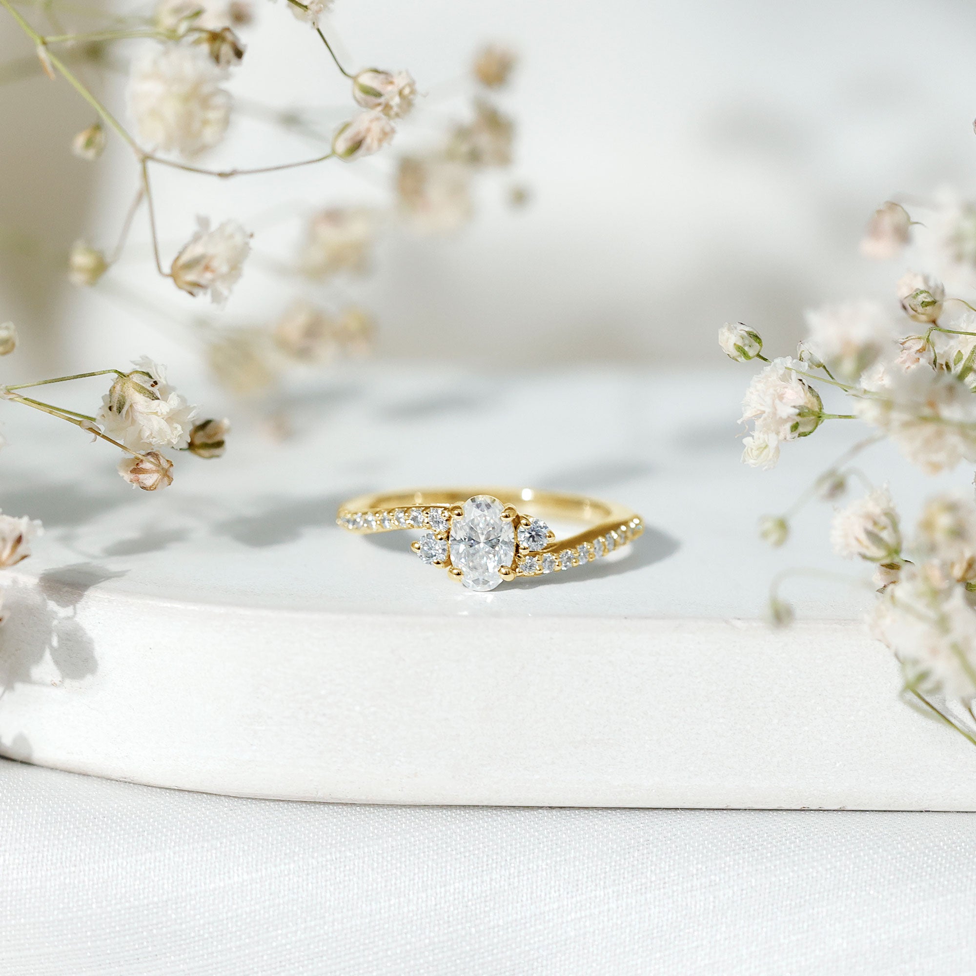 Oval Moissanite Bypass Engagement Ring with Side Stones D-VS1 - Rosec Jewels