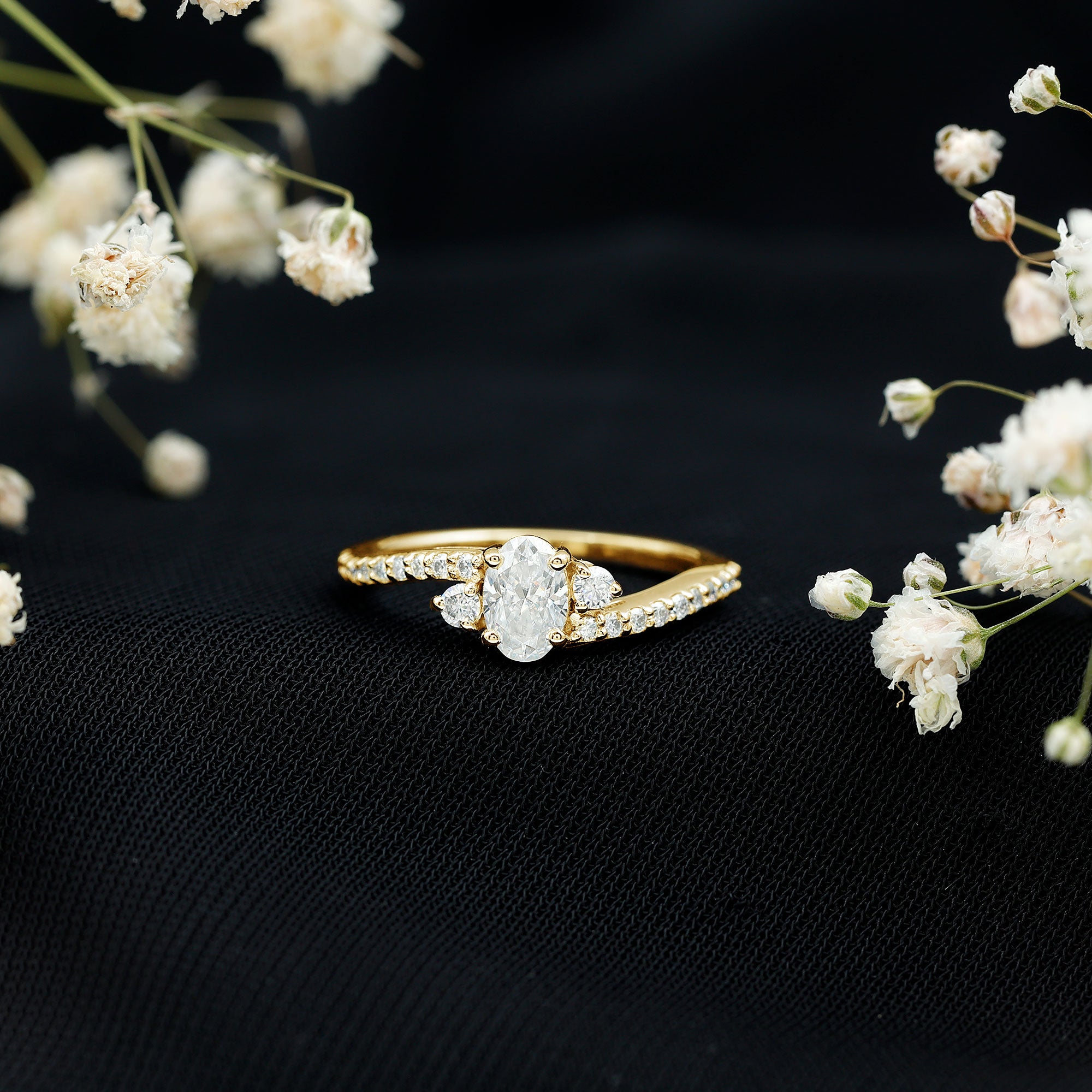 Oval Moissanite Bypass Engagement Ring with Side Stones D-VS1 - Rosec Jewels