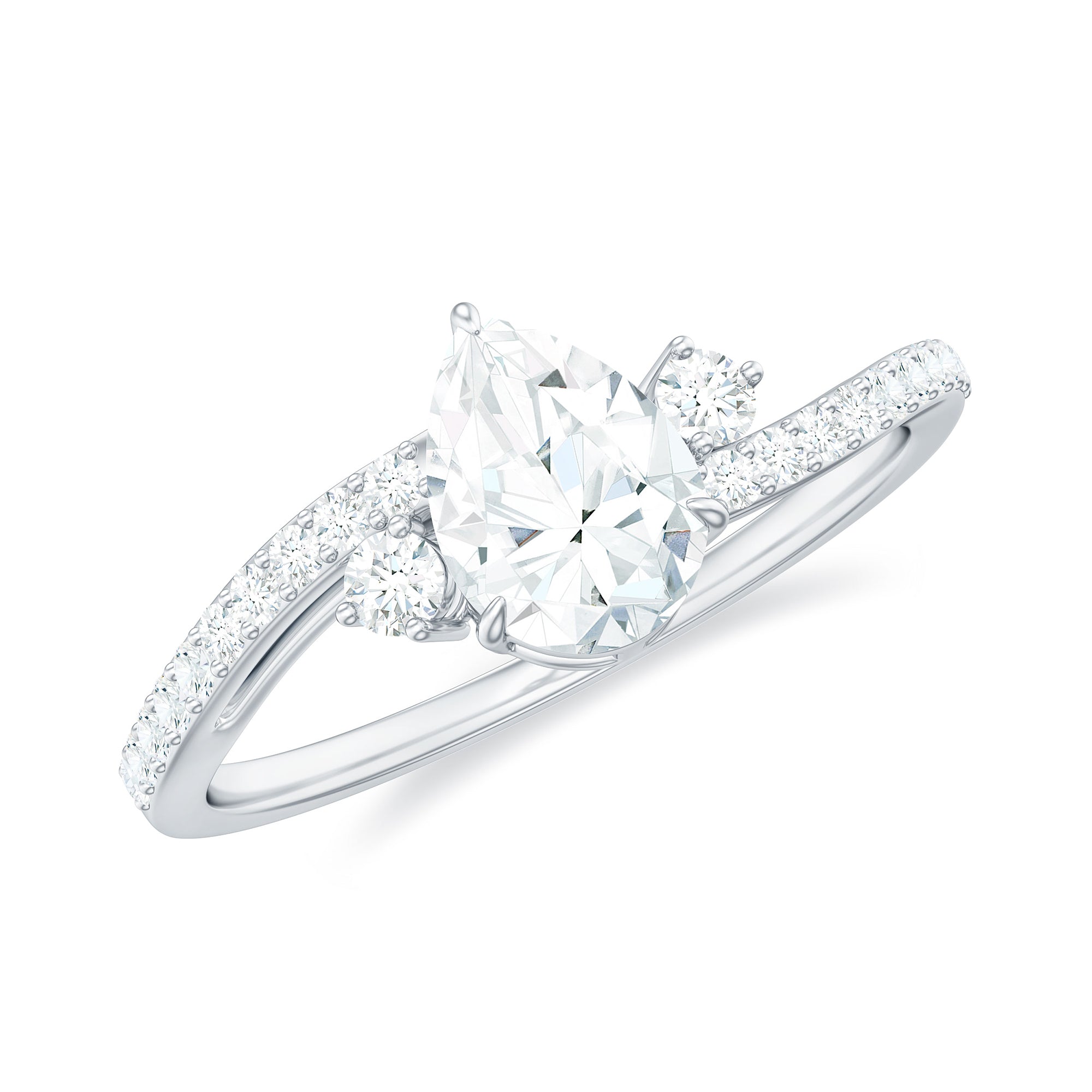Pear Cut Moissanite Bypass Engagement Ring with Side Stones