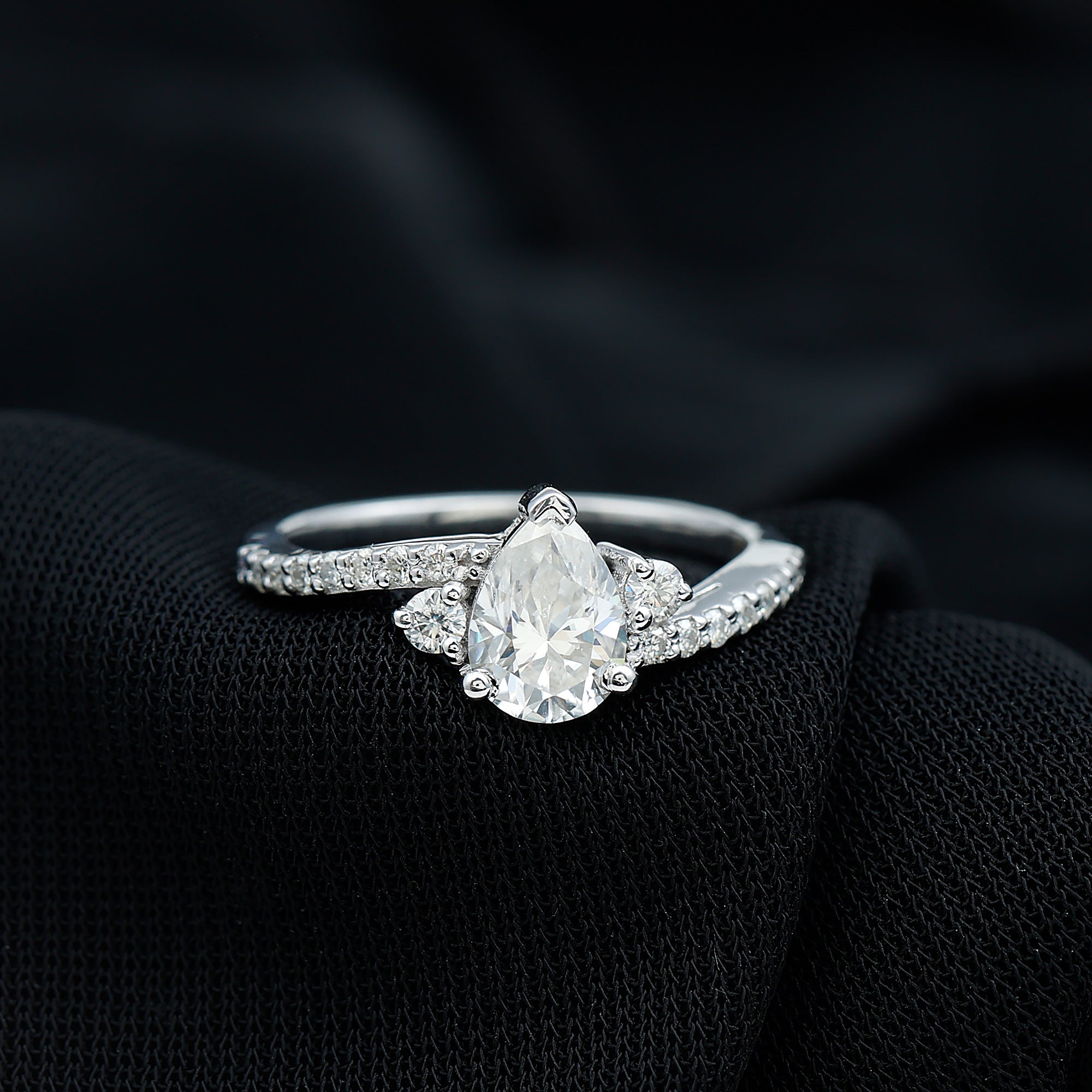 Pear Cut Moissanite Bypass Engagement Ring with Side Stones D-VS1 - Rosec Jewels