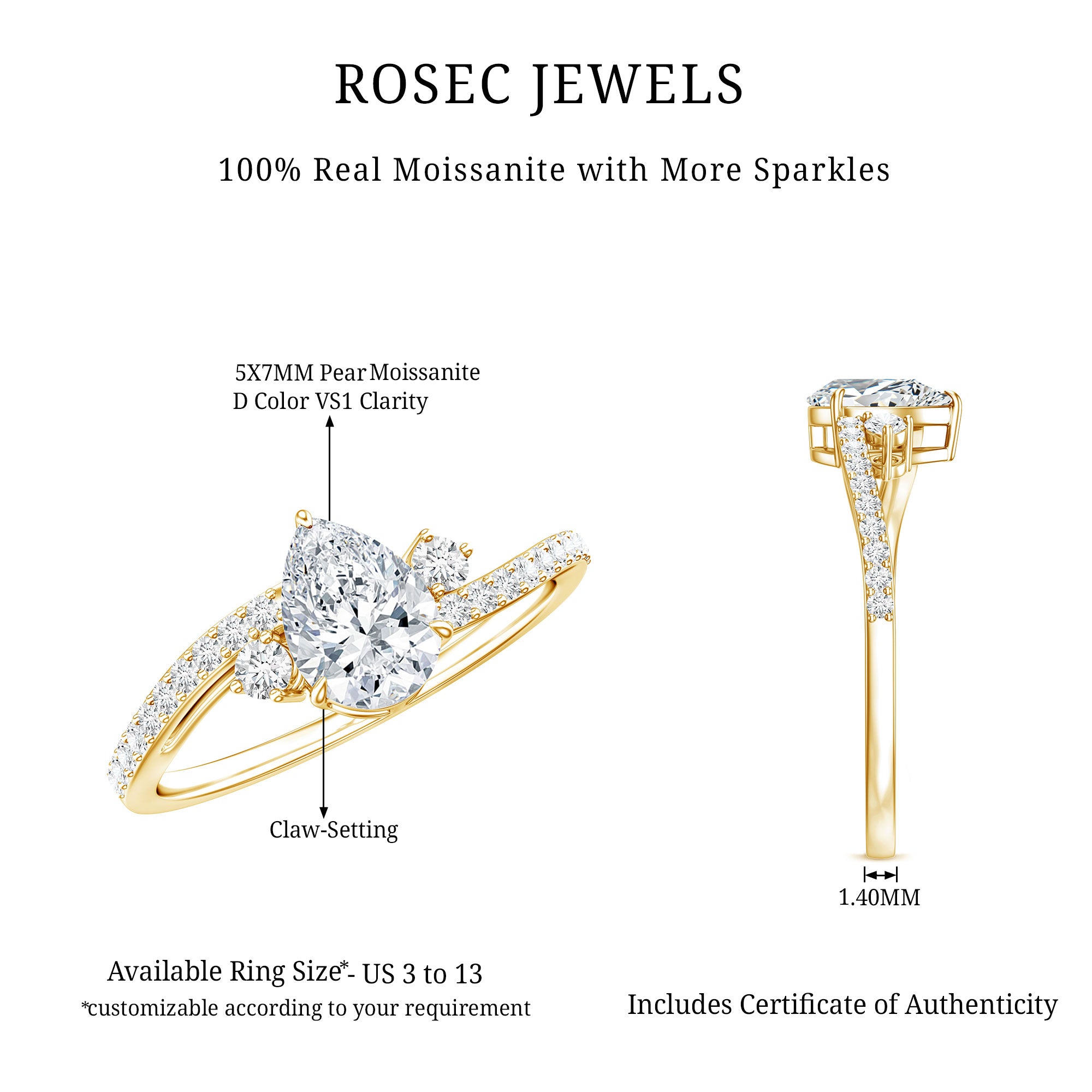 Pear Cut Moissanite Bypass Engagement Ring with Side Stones D-VS1 - Rosec Jewels