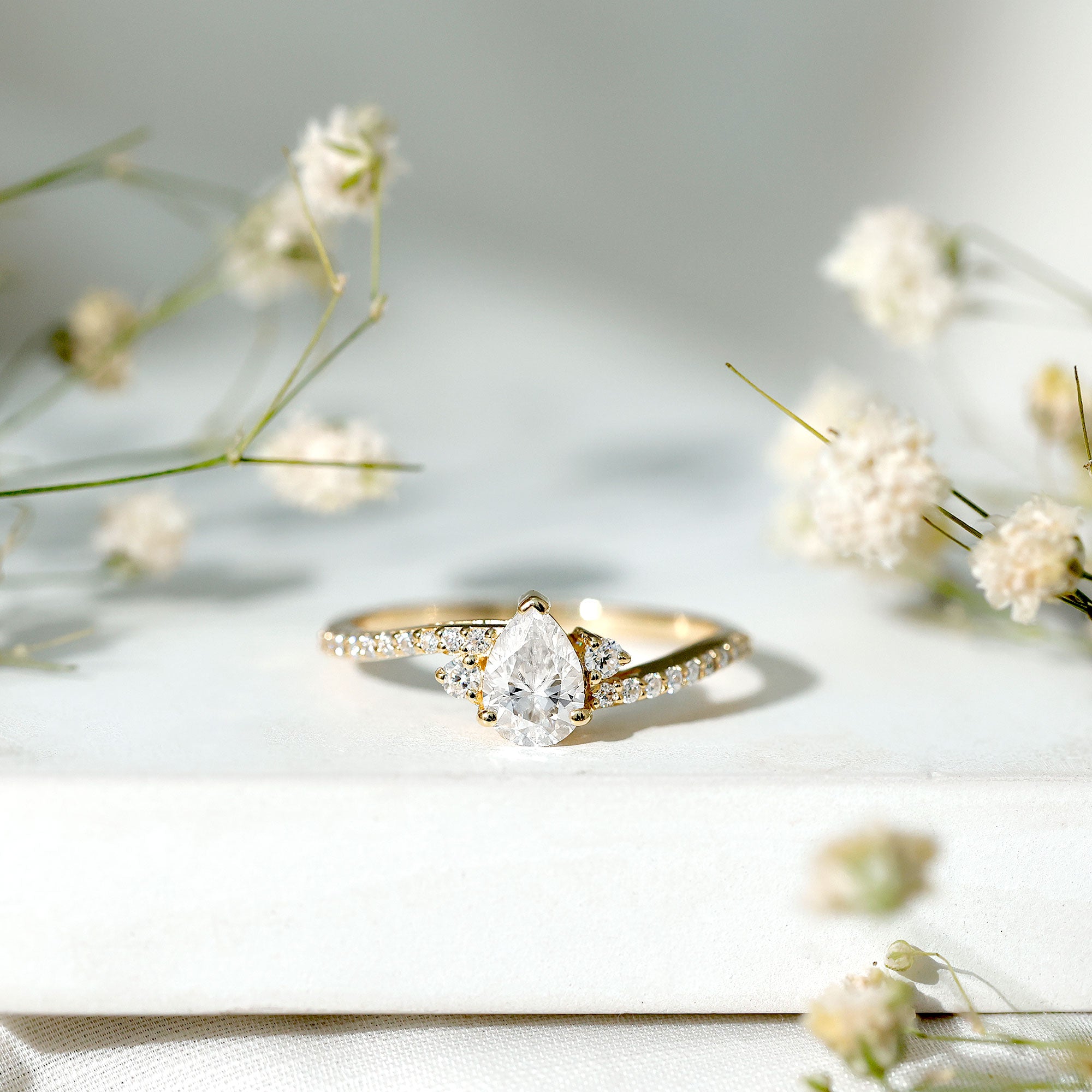 Pear Cut Moissanite Bypass Engagement Ring with Side Stones D-VS1 - Rosec Jewels