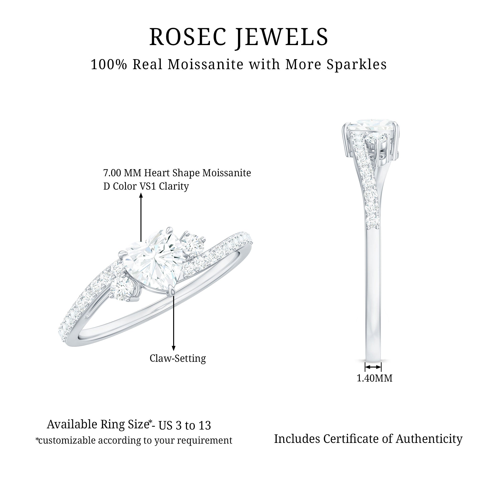 Heart Shape Moissanite Bypass Engagement Ring for Her D-VS1 - Rosec Jewels