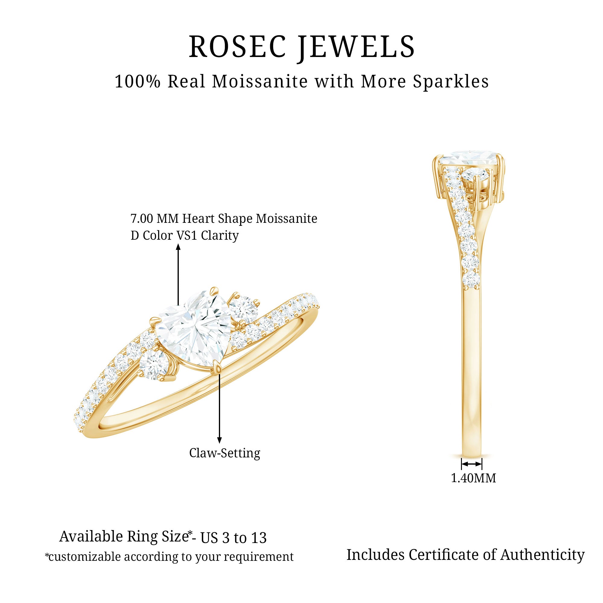 Heart Shape Moissanite Bypass Engagement Ring for Her D-VS1 - Rosec Jewels