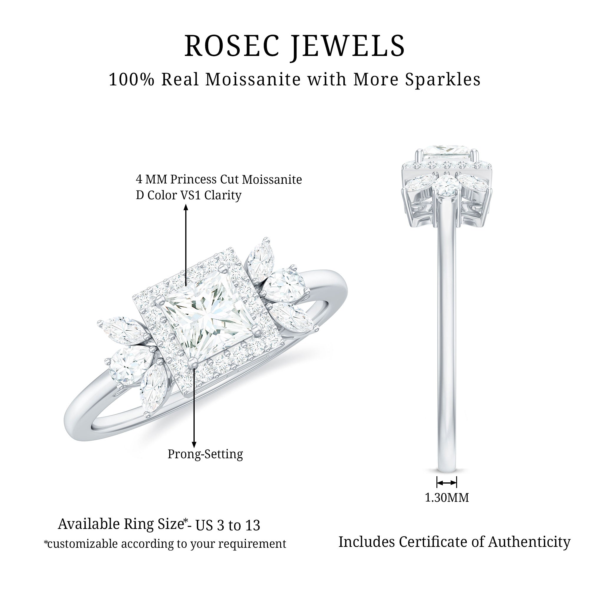 Princess Cut Moissanite Halo Engagement Ring with Certificate D-VS1 - Rosec Jewels