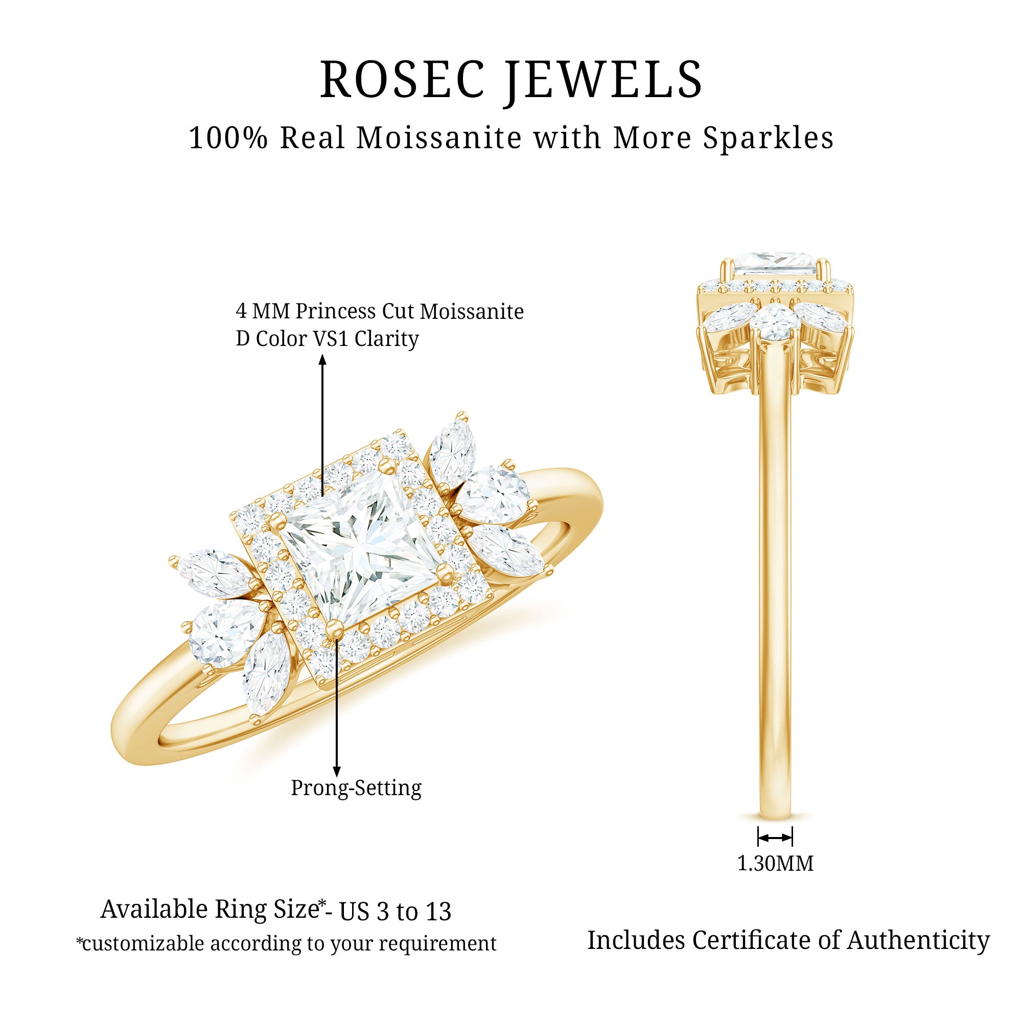 Princess Cut Moissanite Halo Engagement Ring with Certificate D-VS1 - Rosec Jewels