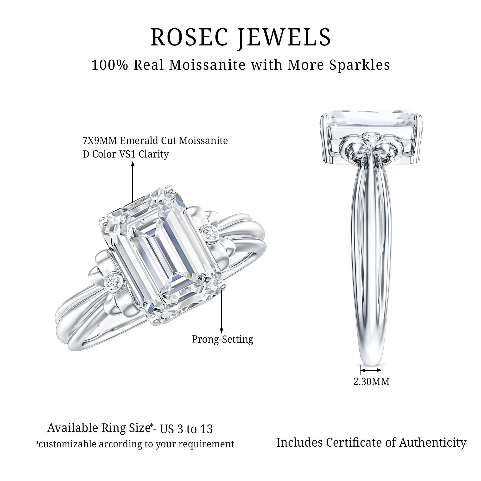 Certified Emerald Cut Moissanite Huge Engagement Ring D-VS1 - Rosec Jewels