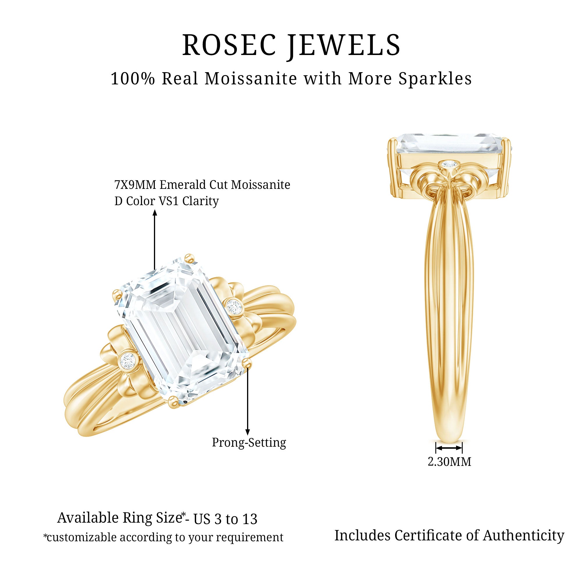Certified Emerald Cut Moissanite Huge Engagement Ring D-VS1 - Rosec Jewels