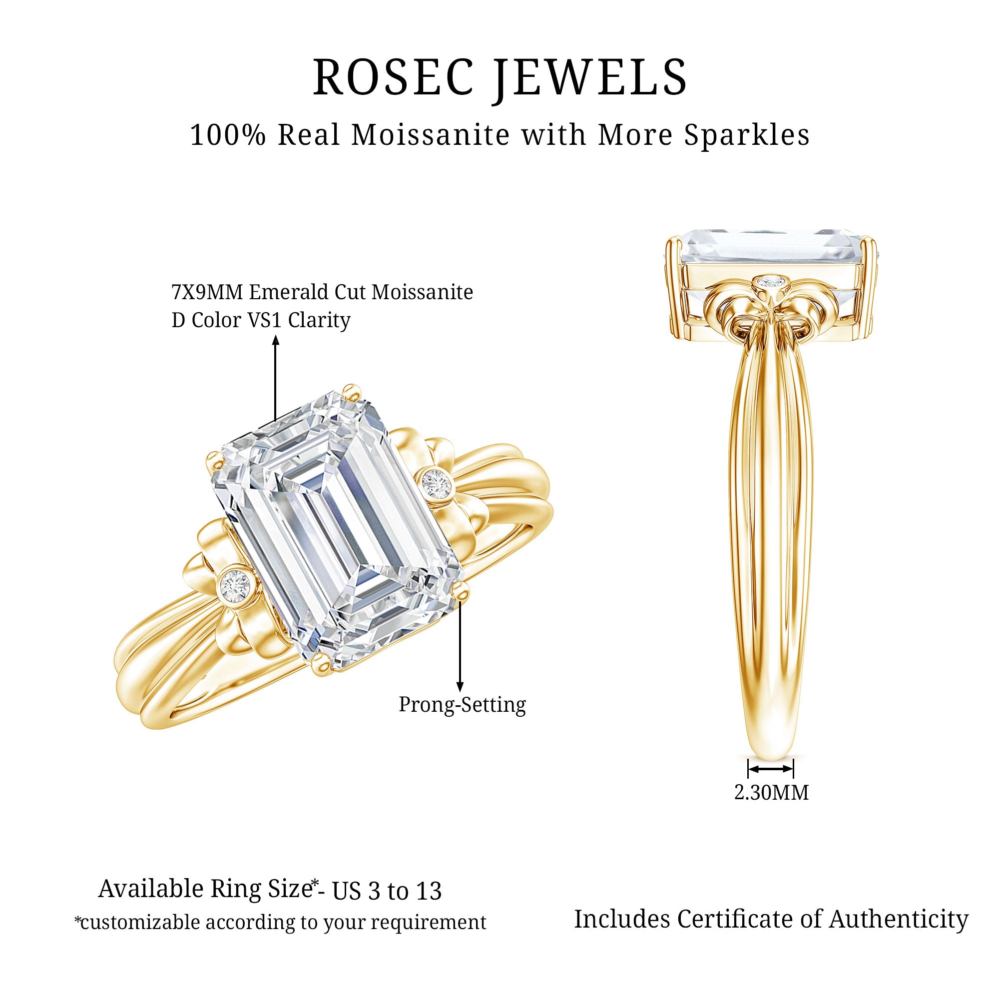 Certified Emerald Cut Moissanite Huge Engagement Ring D-VS1 - Rosec Jewels