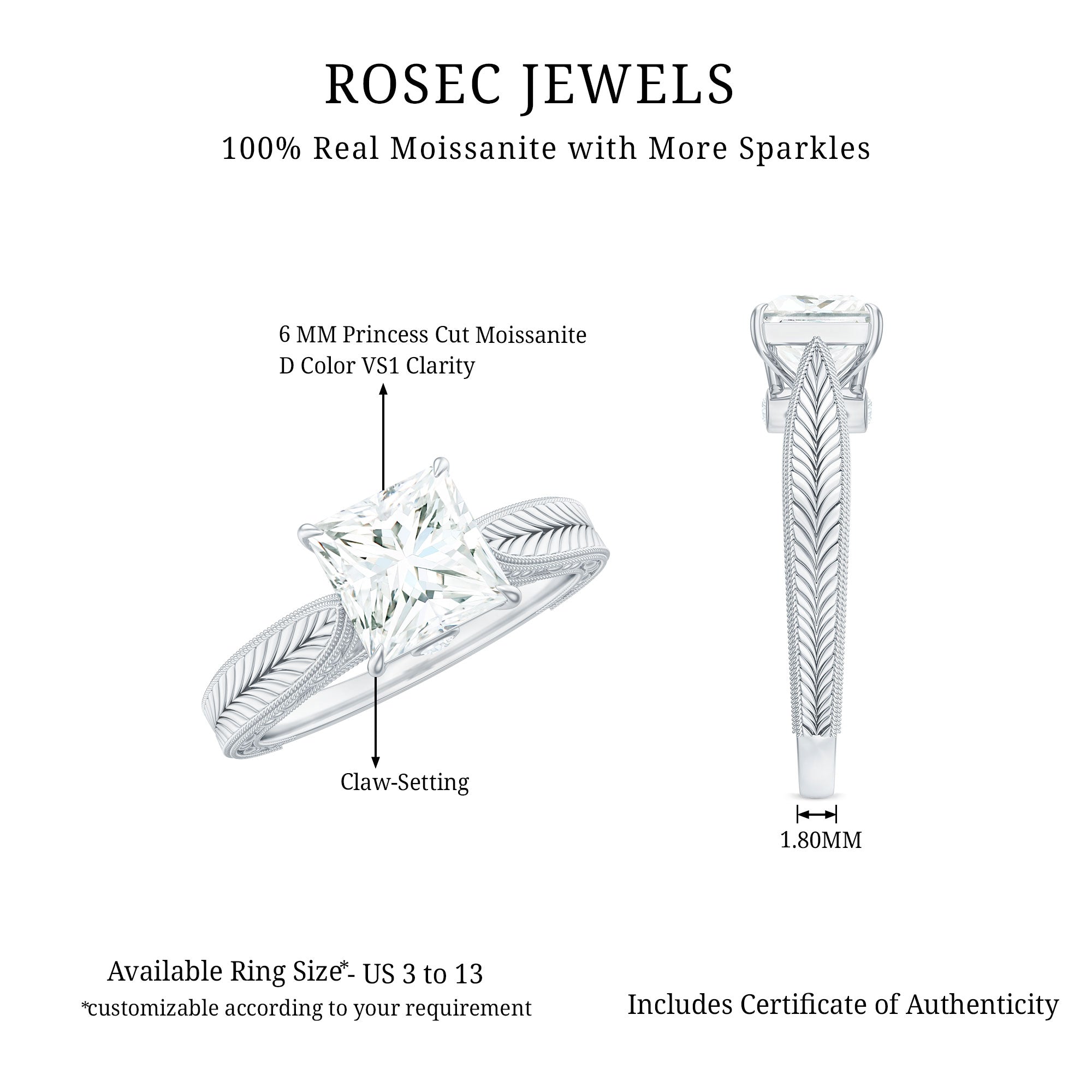 Princess Cut 6 MM Moissanite Solitaire Engagement Ring D-VS1 - Rosec Jewels
