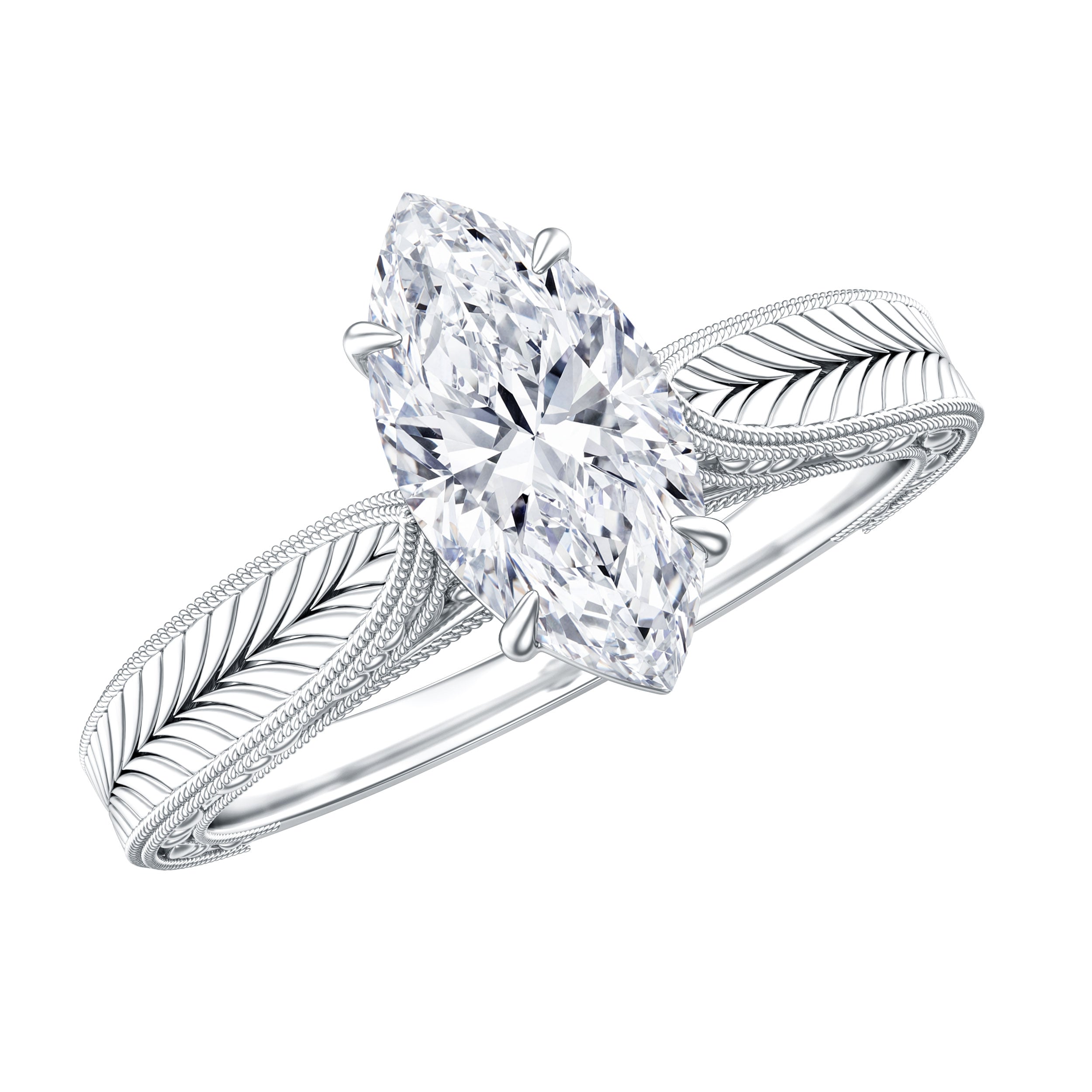 1 Carat Moissanite Marquise Engagement Ring with Leaf Engraved Shank D-VS1 - Rosec Jewels