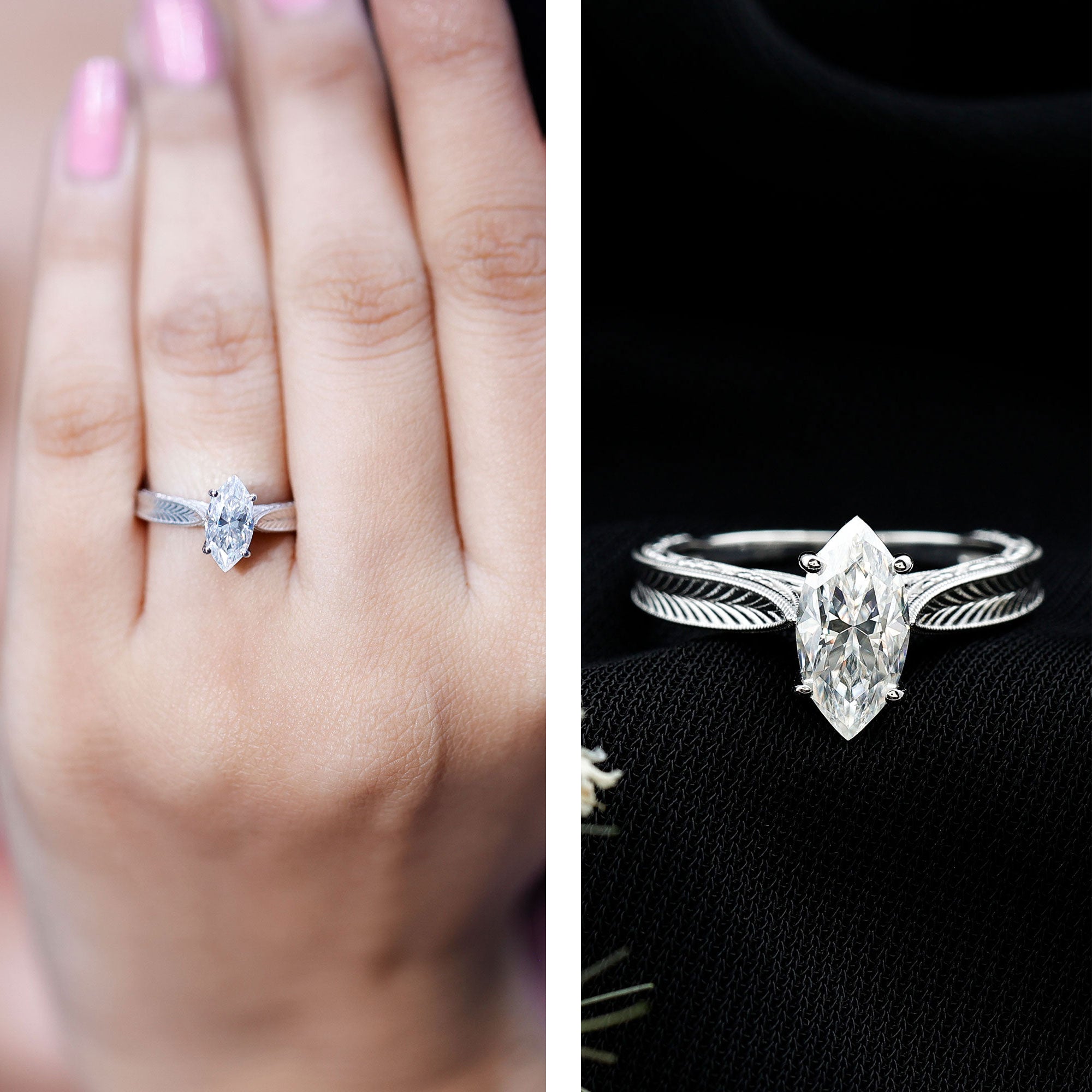 1 Carat Moissanite Marquise Engagement Ring with Leaf Engraved Shank D-VS1 - Rosec Jewels