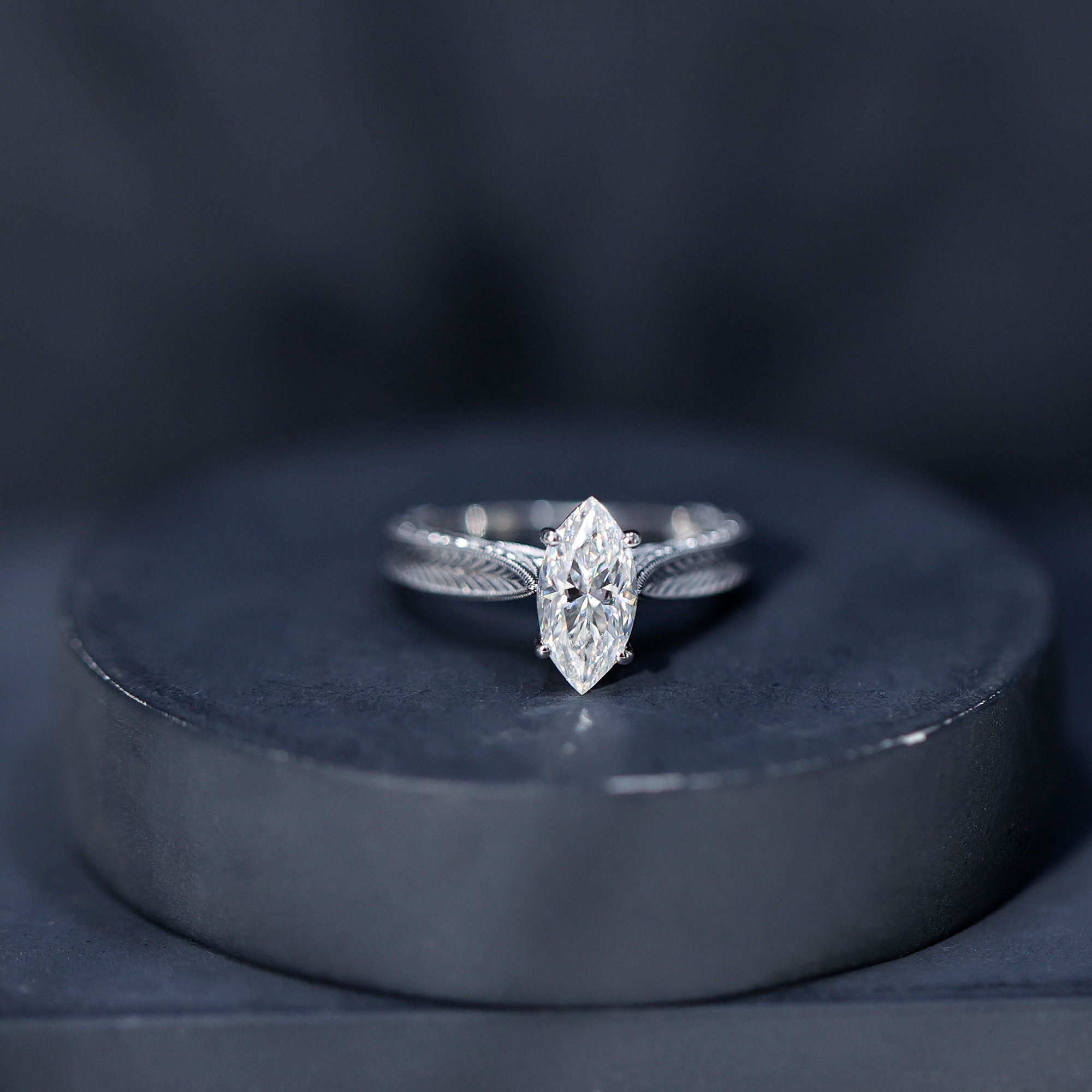 1 Carat Moissanite Marquise Engagement Ring with Leaf Engraved Shank D-VS1 - Rosec Jewels