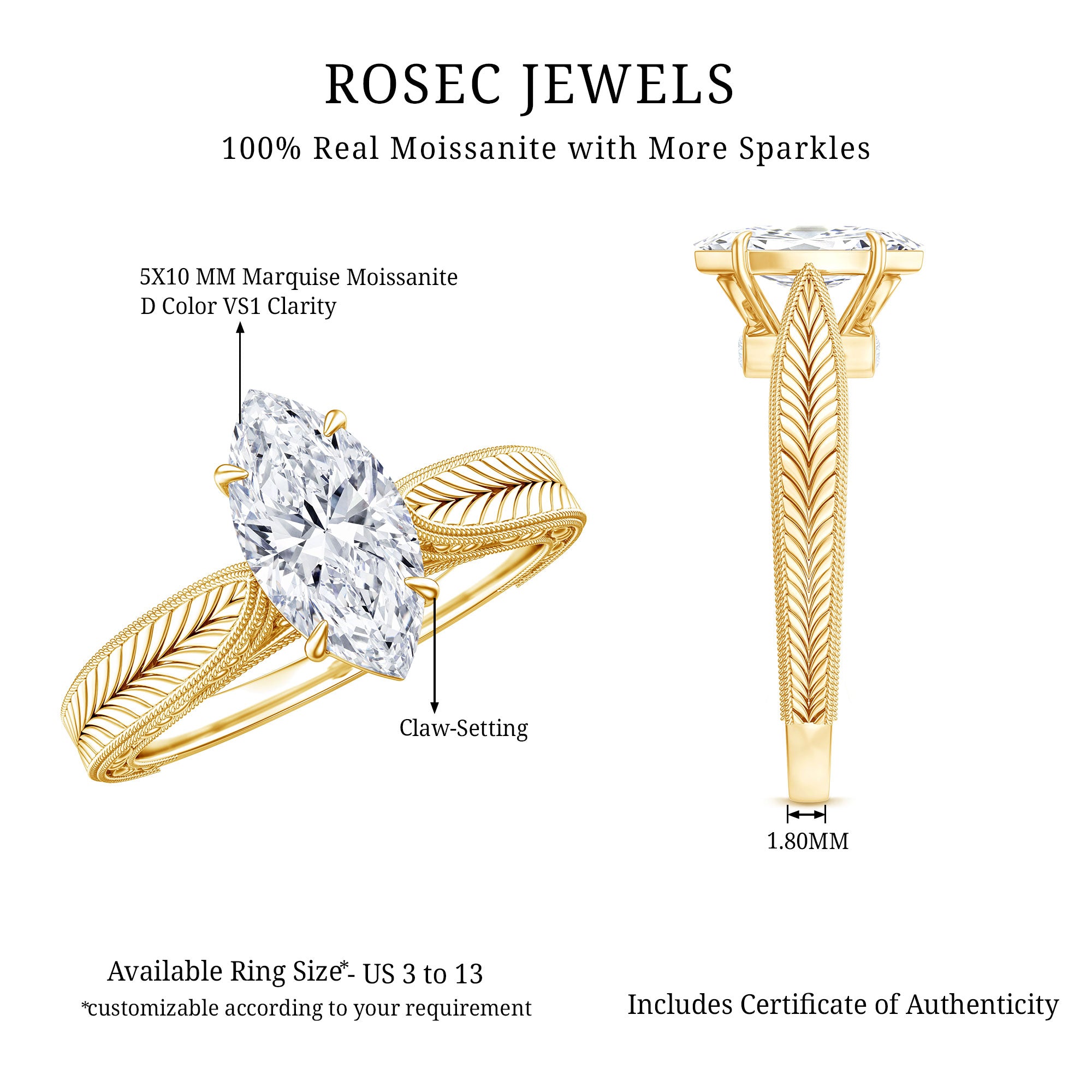 1 Carat Moissanite Marquise Engagement Ring with Leaf Engraved Shank D-VS1 - Rosec Jewels
